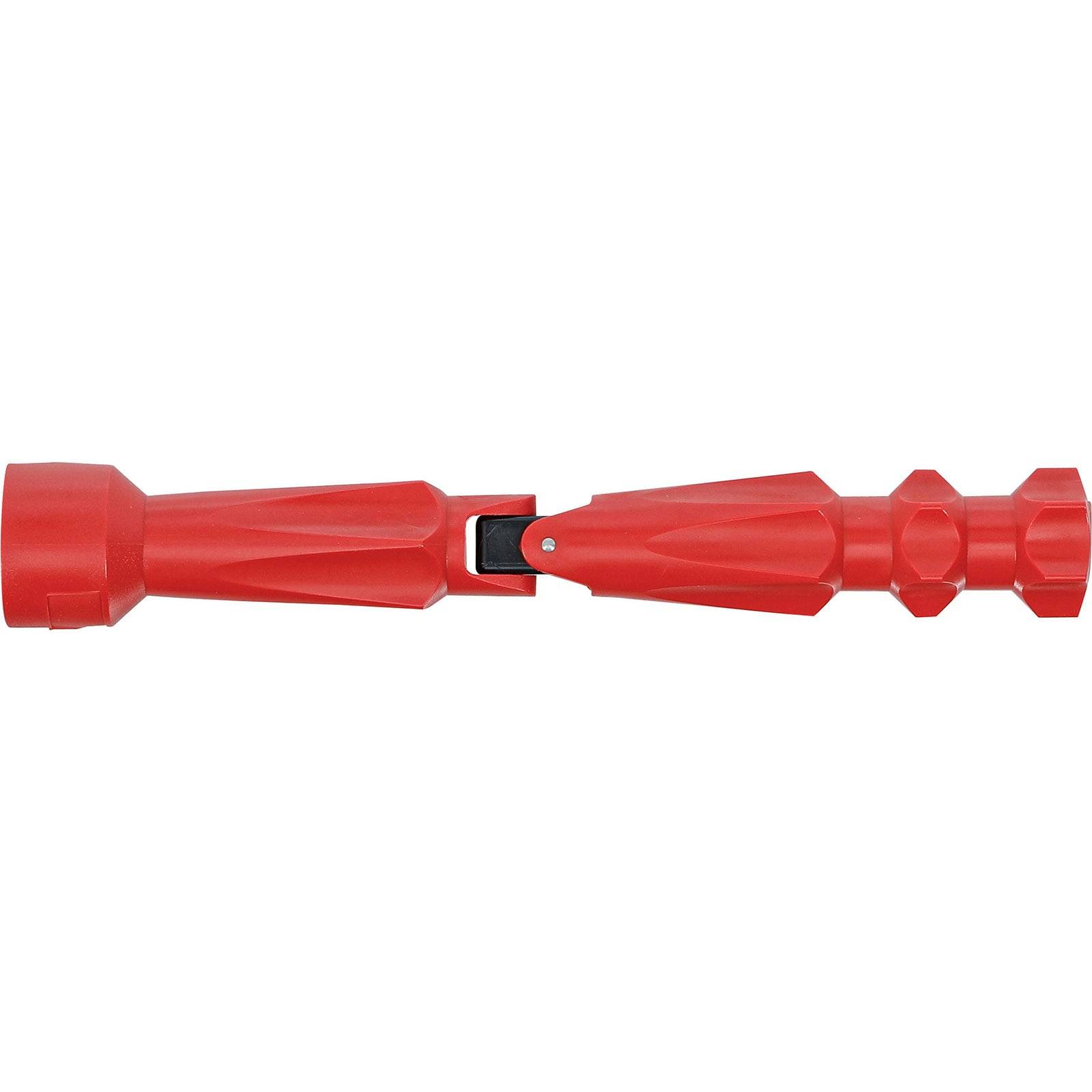 Ein roter ausziehbarer Taschenlampe mit einem schwarzen Knopf in der Mitte, ausgestattet mit einem strukturierten Griffdesign an beiden Enden.