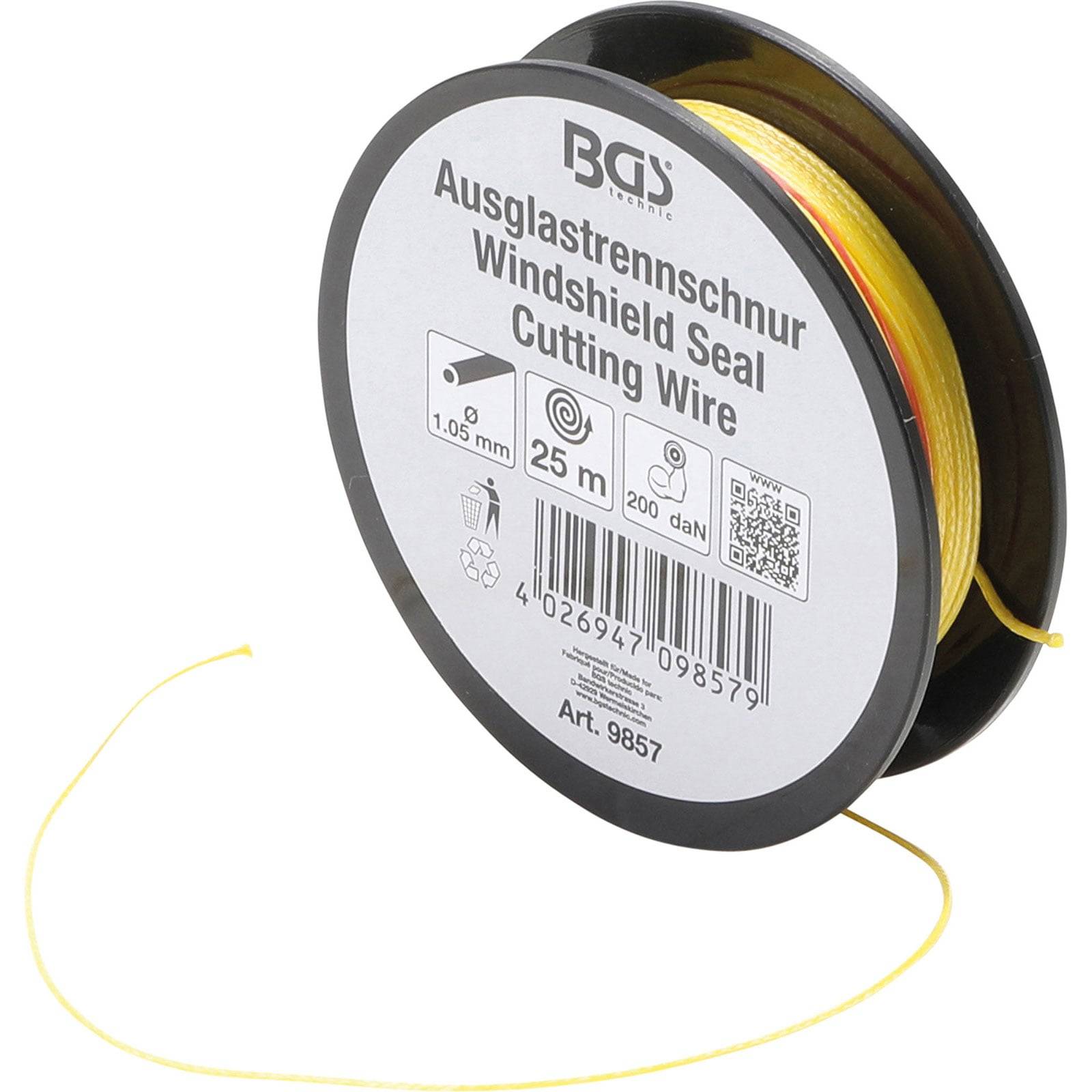 BGS Ausglasstrennschnur Windshield Seal Cutting Wire Spule, 1,05 mm, 25 m, 200 dan. Gelber Draht ragt aus der Spule heraus. Art. 9857.