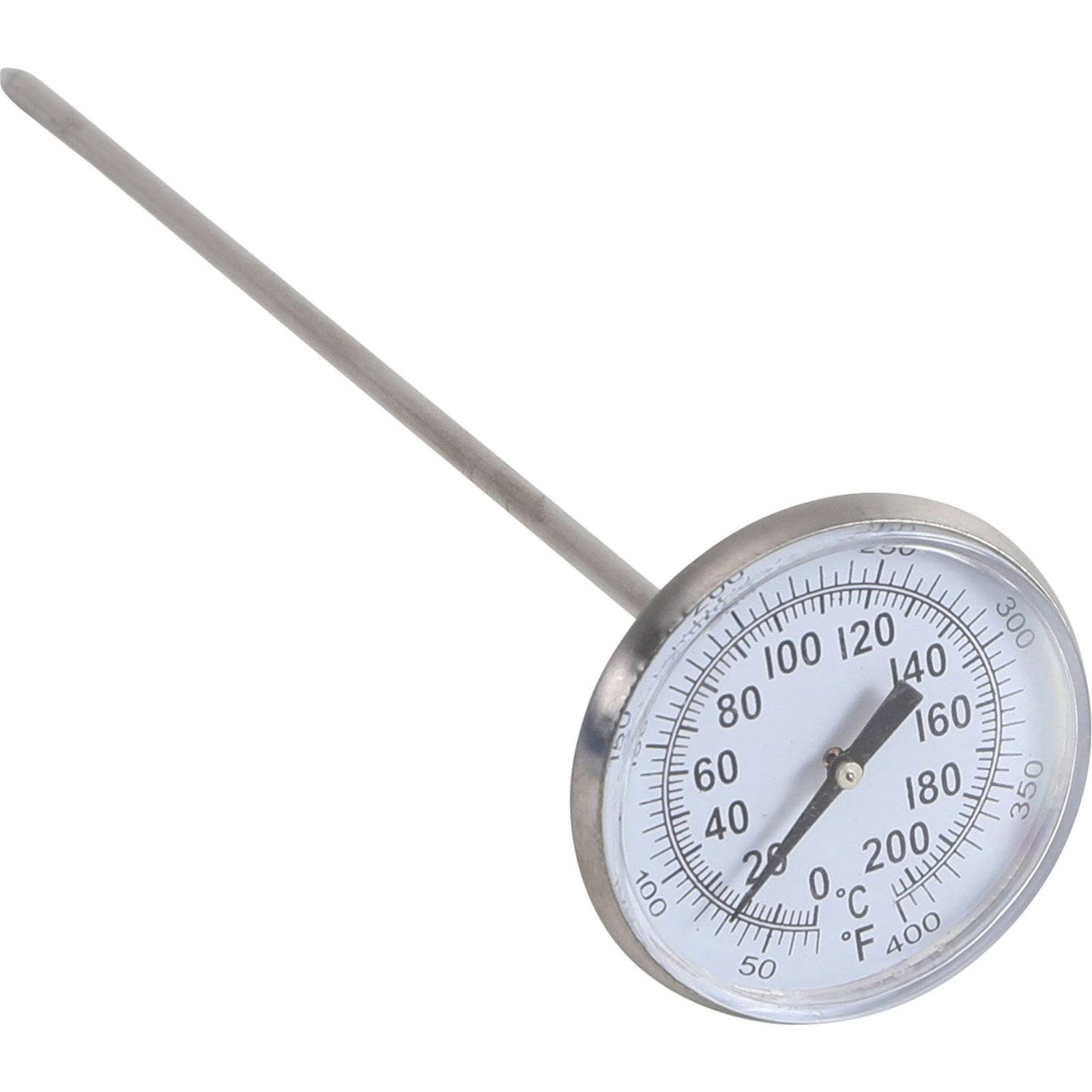 Ein Metall-Zifferblatt-Thermometer zeigt Temperaturen von 50 bis 400 Grad Fahrenheit und 0 bis 200 Grad Celsius an.