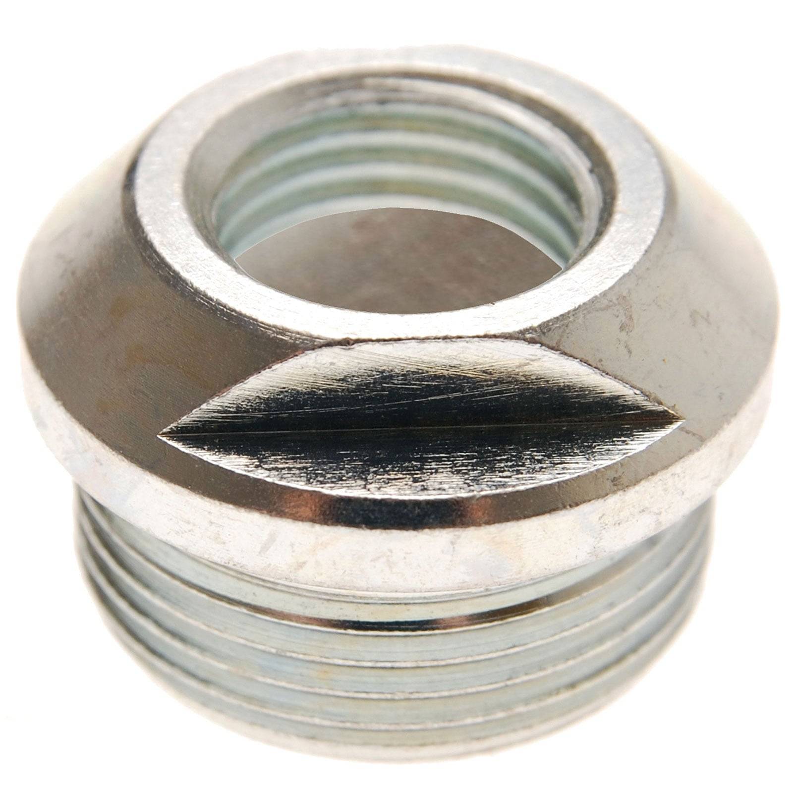 Eine Nahaufnahme einer Metallmutter mit einer kreisförmigen Gewindestruktur und einem glänzenden Finish.