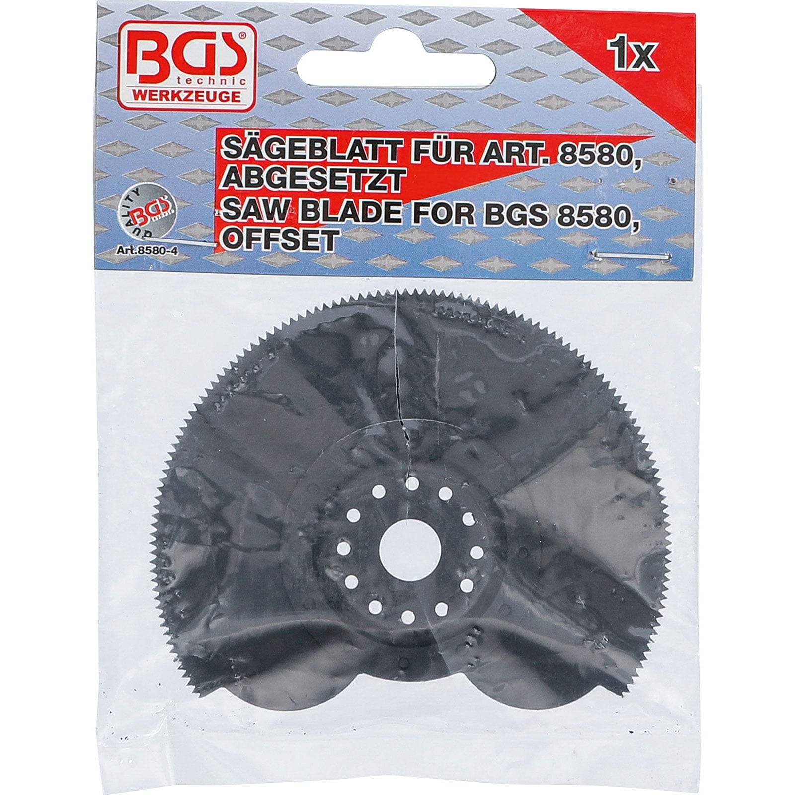 Sägeblatt für BGS 8580, versetzt, Verpackungsvorderseite, BGS-Marke, 1x Menge, Kreissägeblatt mit Zentrallöchern, grauer Hintergrund, rote Akzente.