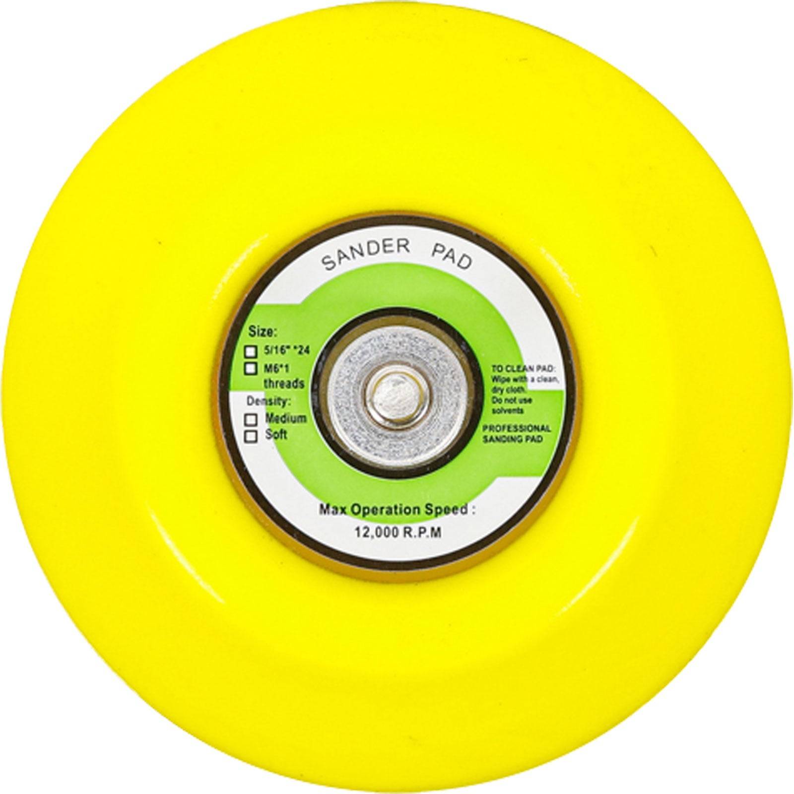 Ein gelbes Schleifpad mit einer zentralen Beschriftung, die Informationen über Größe, Gewinde, Dichte und maximale Betriebsgeschwindigkeit von 12.000 U/min anzeigt.