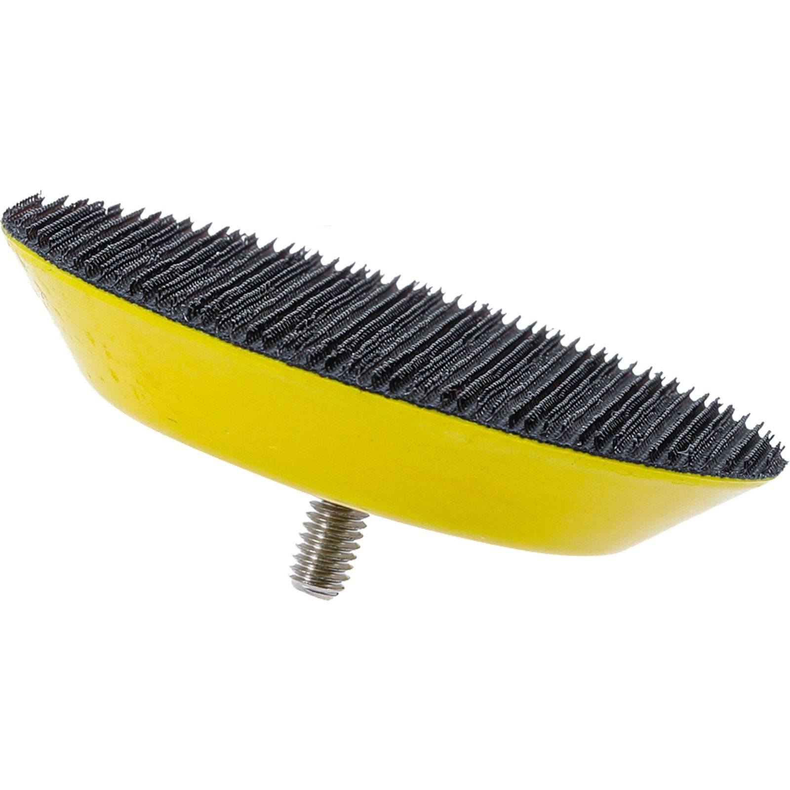 Ein gelbes Schleifpad mit einer Metallgewindeschraube, das eine schwarze Schleifoberfläche zur Befestigung an einem Elektrowerkzeug zeigt.