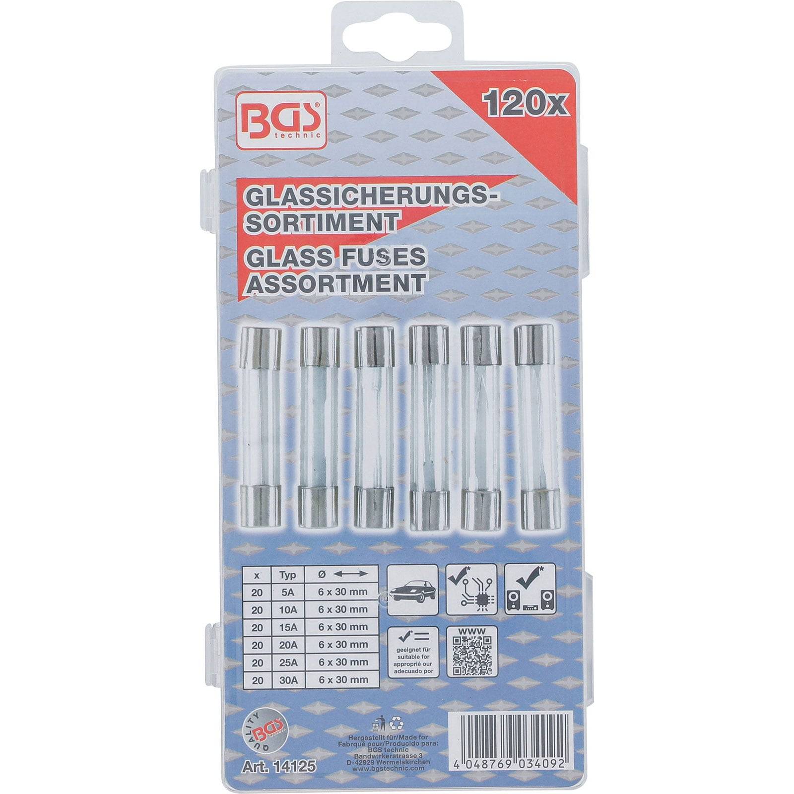Glassicherungen-Sortiment, 120 Stück, verschiedene Amperebereiche. Transparenter Behälter mit blauem Rautenmuster und Produktdetails.