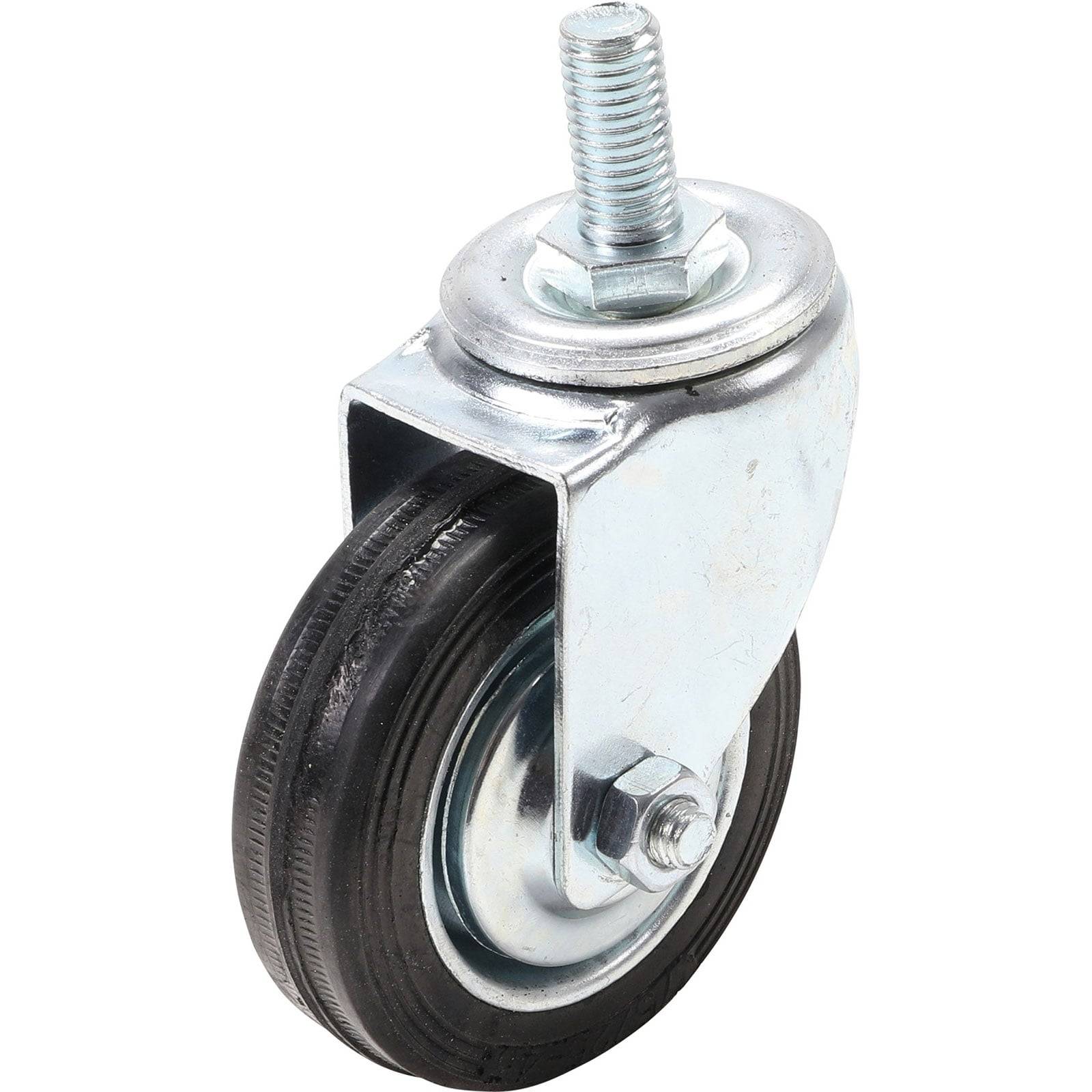 Ein Schwenkrollen-Metallrad mit einem schwarzen Gummireifen und einem Gewindestift zur Befestigung, konzipiert für den Einsatz an Möbeln oder Ausrüstungsgegenständen.