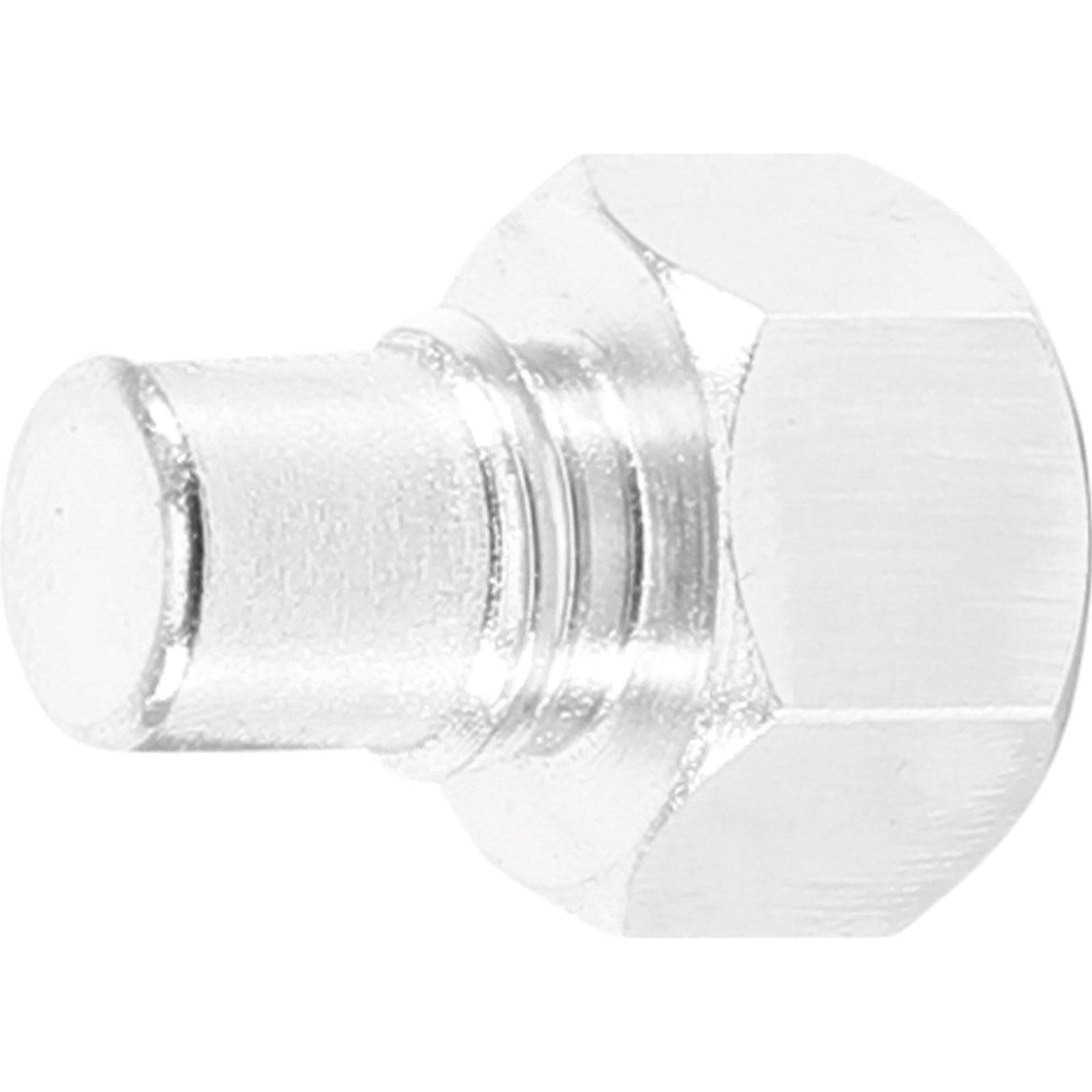 Eine Nahaufnahme eines Metallbolzens mit sechseckigem Kopf und einem kurzen Gewindeabschnitt, aufgenommen vor einem einfarbig weißen Hintergrund.