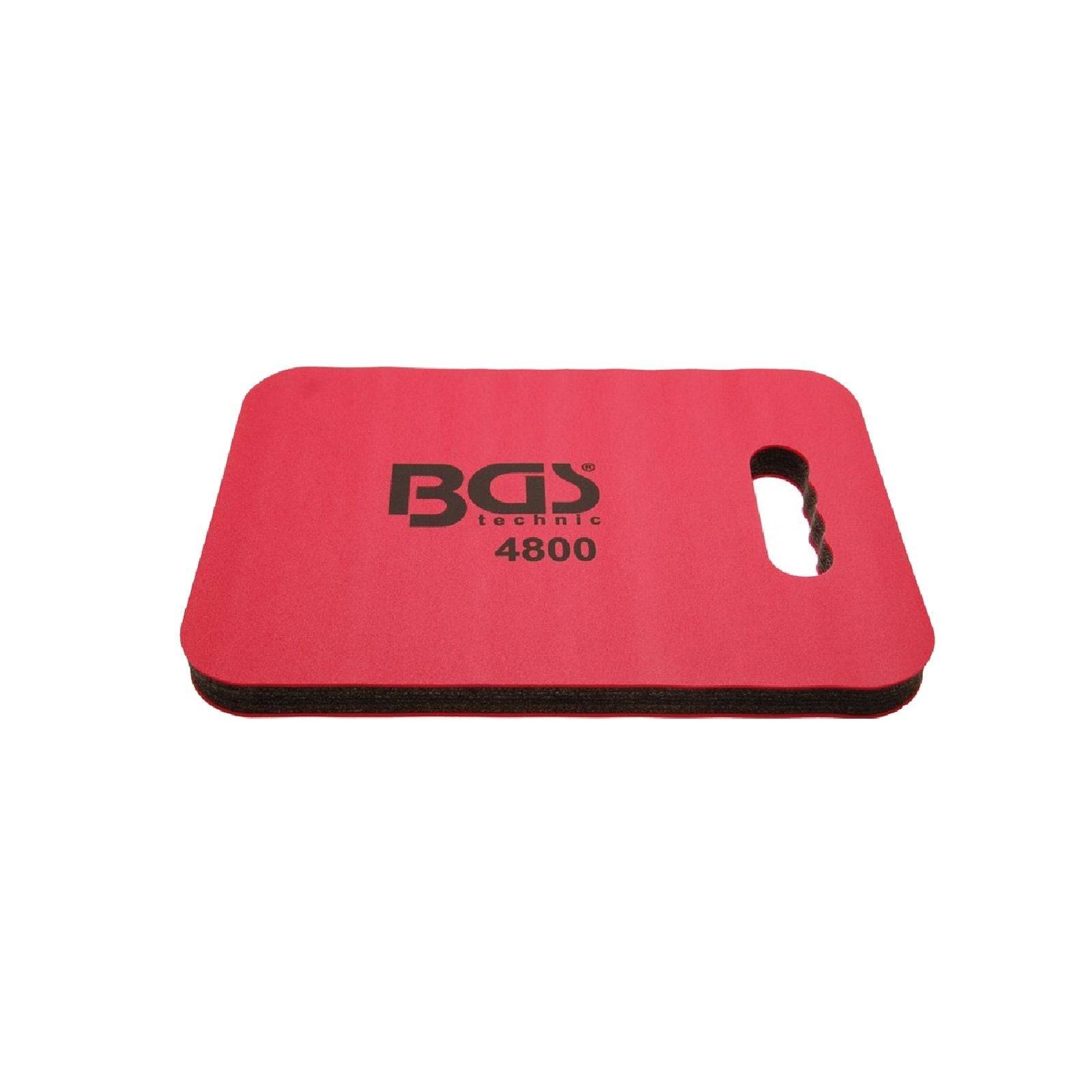 Ein roter BGS-Technik Kniepolster mit schwarzen Kanten und einem Griff.