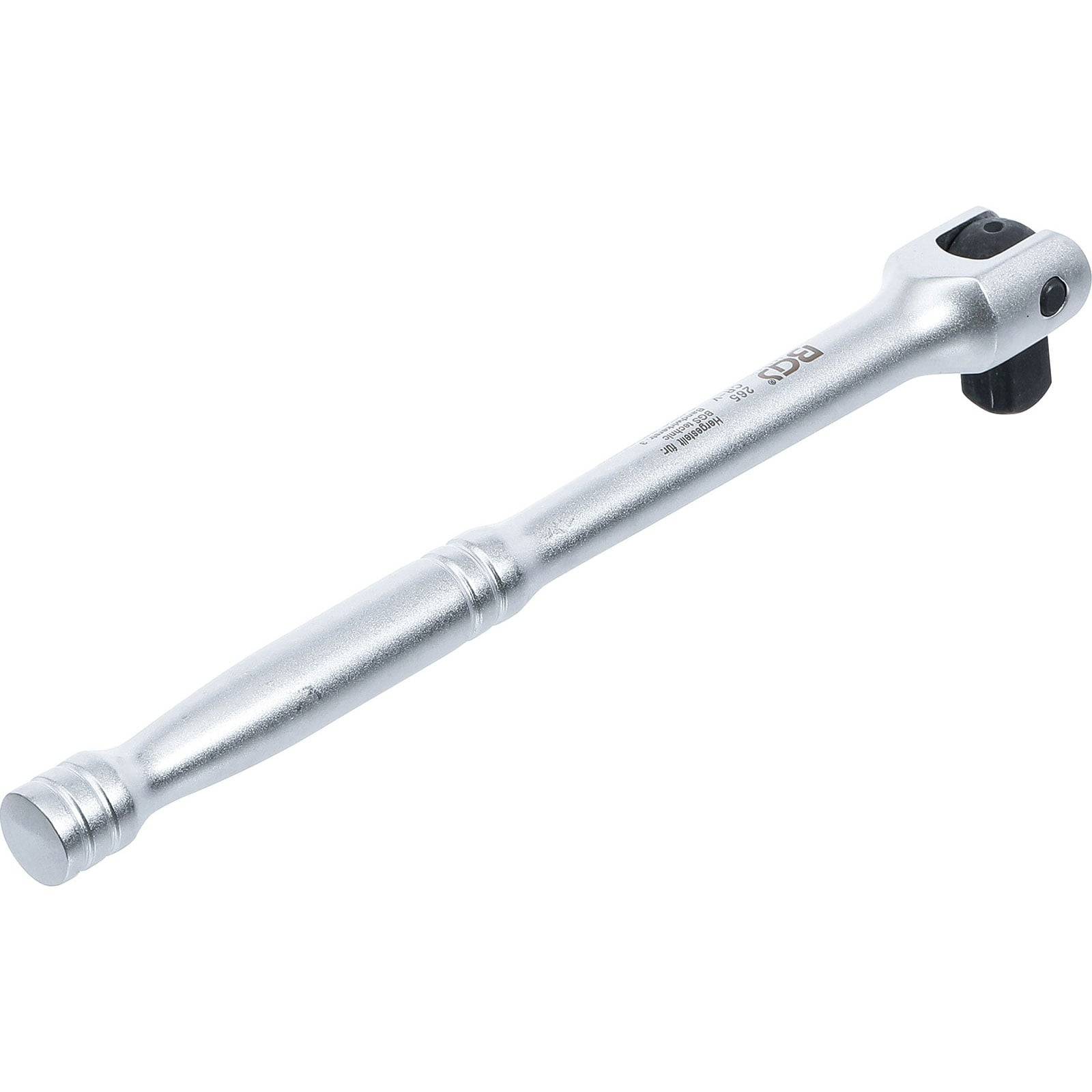 Ein silberner Ratschenschlüssel mit einem runden Griff und einem quadratischen Antriebskopf, der zum Anziehen oder Lösen von Muttern und Schrauben entwickelt wurde.