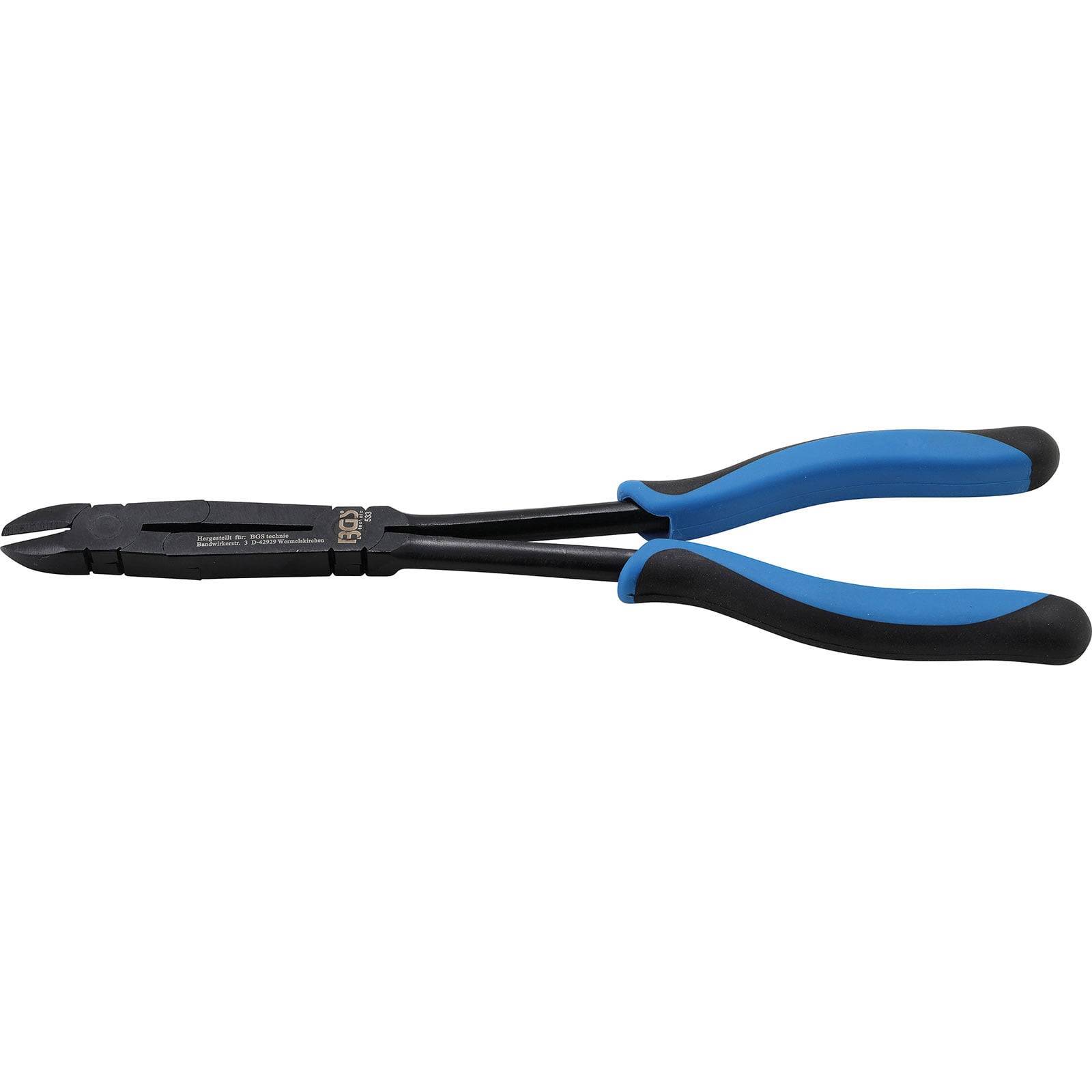 Blau-handgriffige Drahtschere mit schwarzen Schneidbacken, konzipiert zum Schneiden und Abisolieren von Drähten bei elektrischen oder DIY-Projekten.