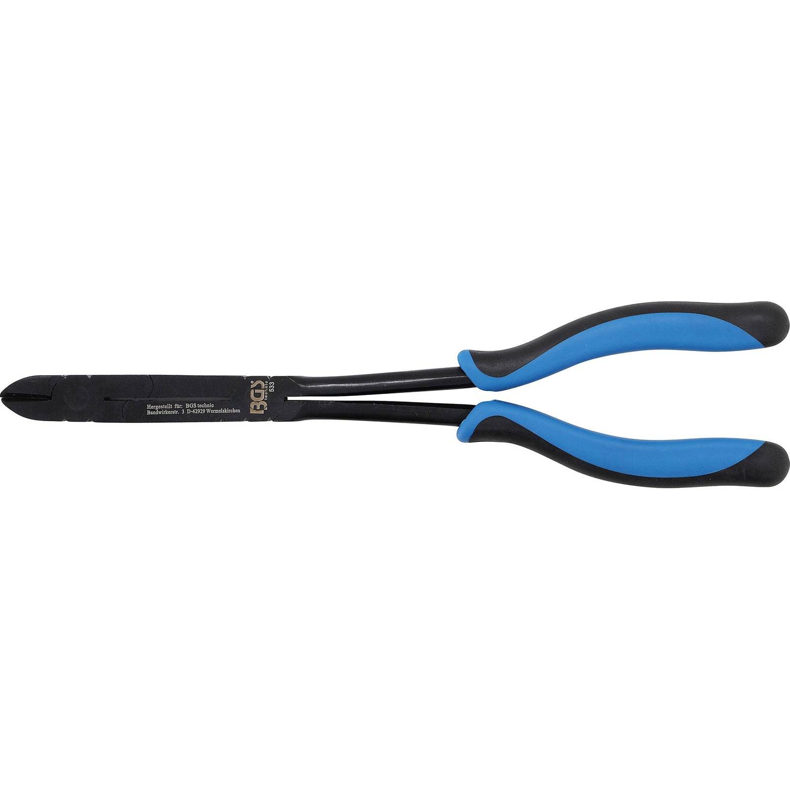 Drahtschneider mit schwarzen Backen und blau-schwarzen Gummigriffstücken, entwickelt zum Durchtrennen von Drähten oder Kabeln.