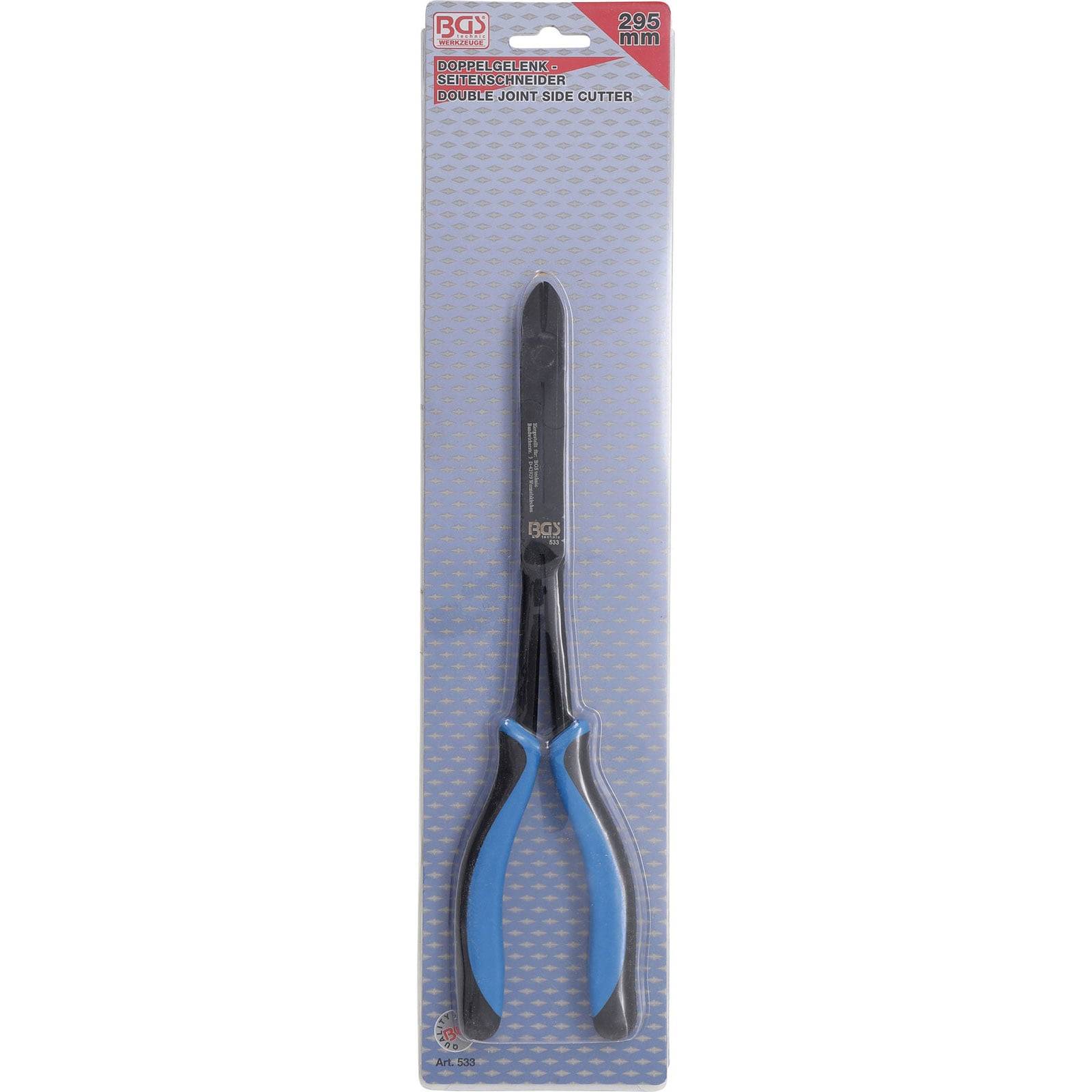 Seitenschneider-Zange mit Doppelgelenk in Verpackung, mit blauen und schwarzen Griffen, mit sichtbarer 'BGS'-Markenbezeichnung auf dem Werkzeug und der Pappverpackung.