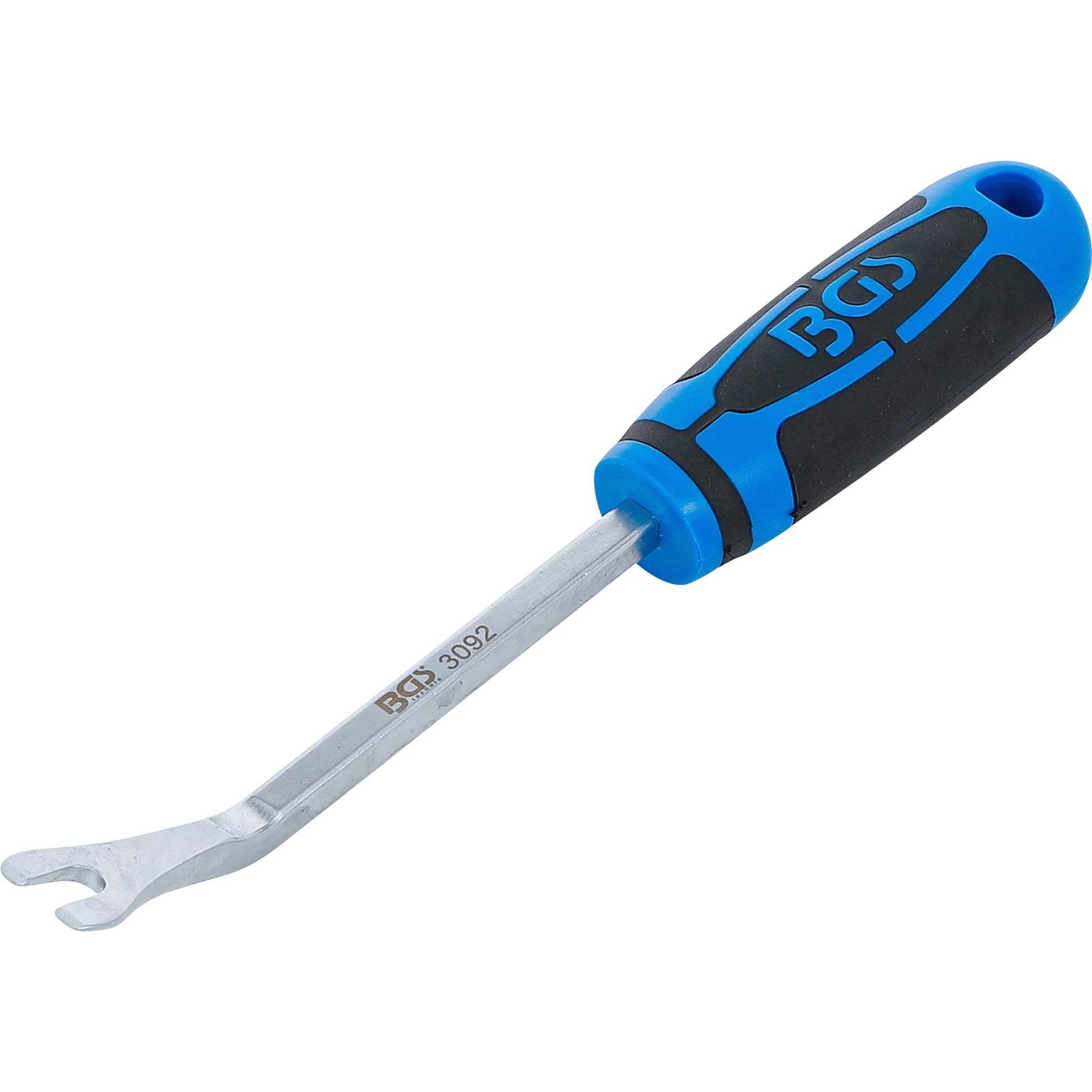 Ein blau-schwarzer Trim-Clip-Entfernungswerkzeug mit einer Metallspitze, der zum Aushebeln von Autozierelementen und Verkleidungen entwickelt wurde.