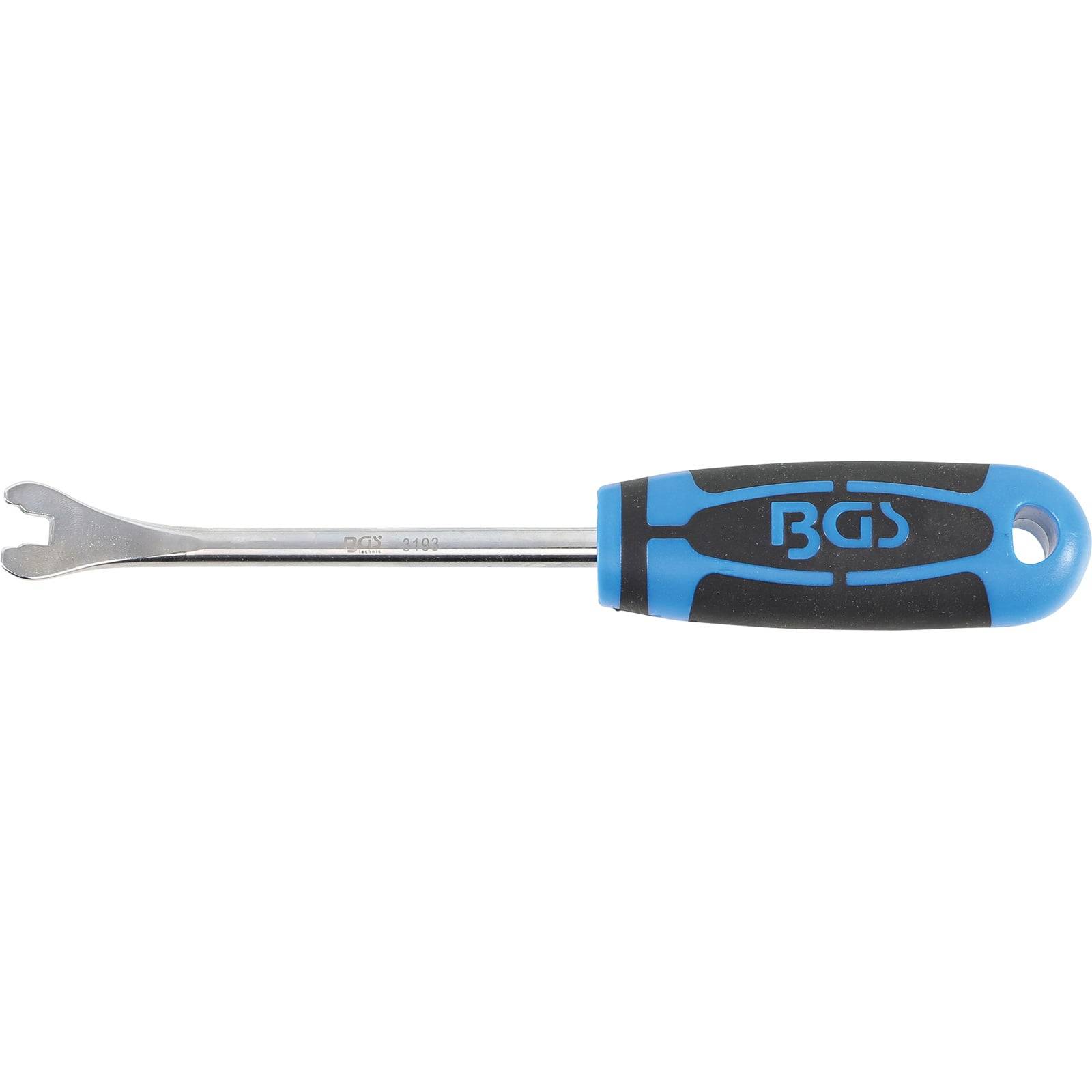 Ein Metall-Abdeckungsentfernungswerkzeug mit einem blau-schwarzen Gummigriff, das ein gegabeltes Ende besitzt, das speziell zum sicheren Entfernen von Fahrzeugverkleidungen entwickelt wurde.