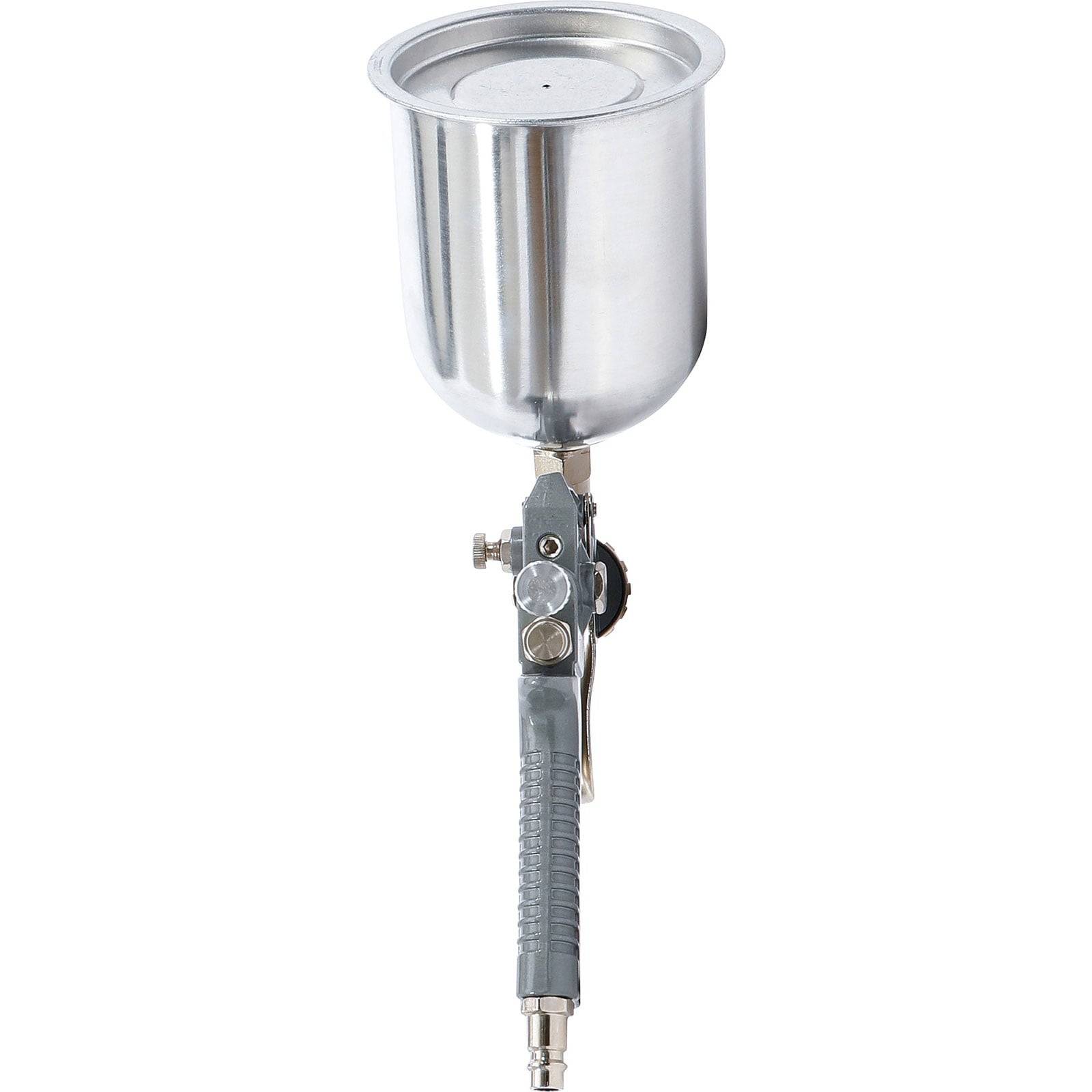 Metallspritzpistole mit einem großen, runden Behälter oben, die zur Farbapplikation verwendet wird.