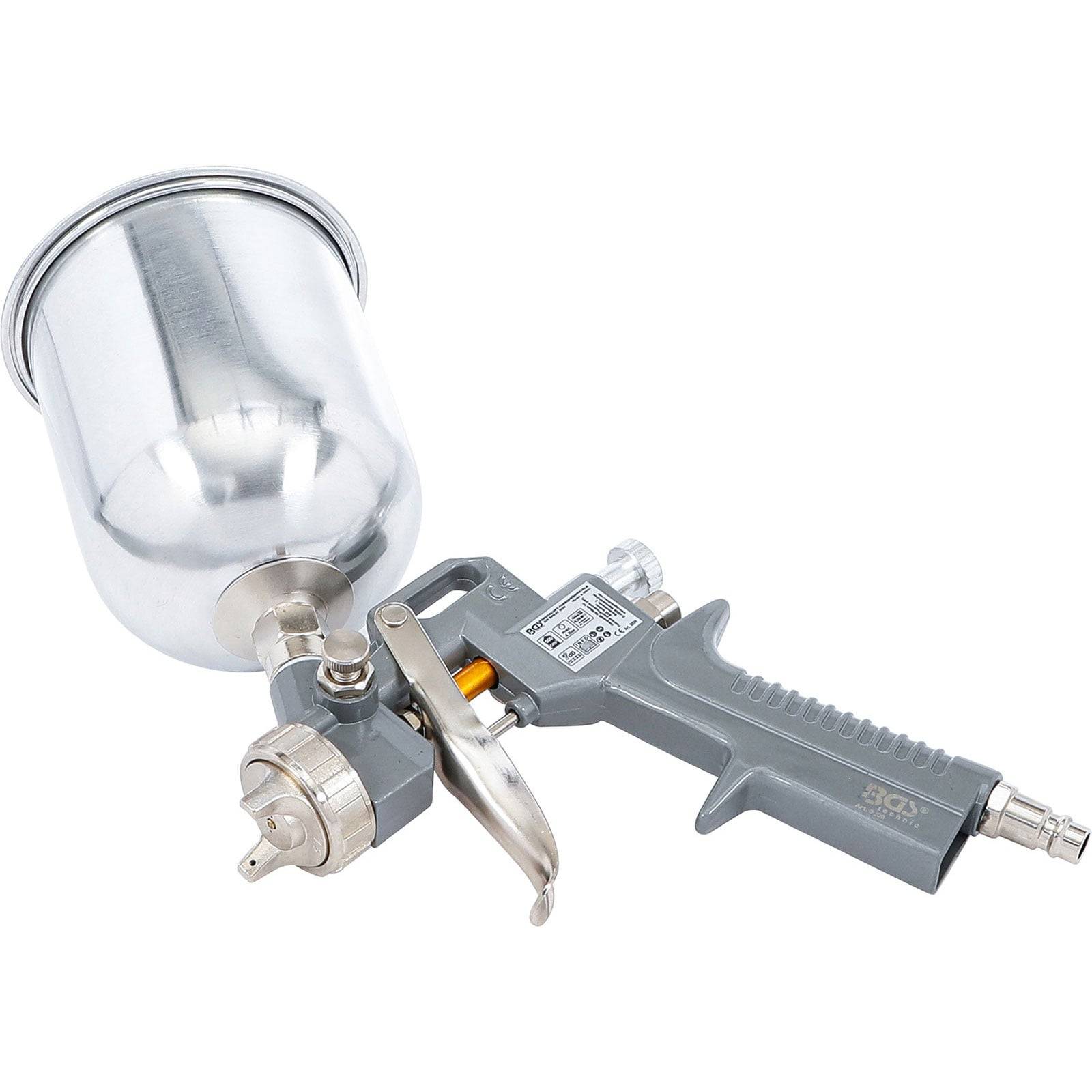 Bild einer silbernen und grauen Sprühpistole mit einem großen runden Behälter oben, typischerweise zum Lackieren oder Beschichten von Oberflächen verwendet.