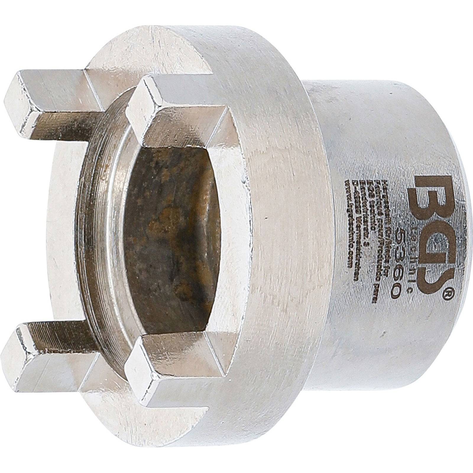 Ein metallisches zylindrisches Werkzeug mit vier hervorstehenden Nockenhebeln, das zum Greifen oder Drehen von Objekten verwendet wird, gekennzeichnet mit „BGS 5350