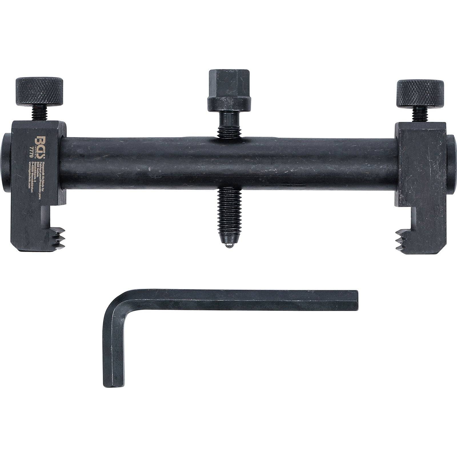 Ein schwarzes Metallsperrwerkzeug mit verstellbaren Knöpfen und Zähnen zum Sichern von Komponenten, mit einem Inbusschlüssel darunter dargestellt.