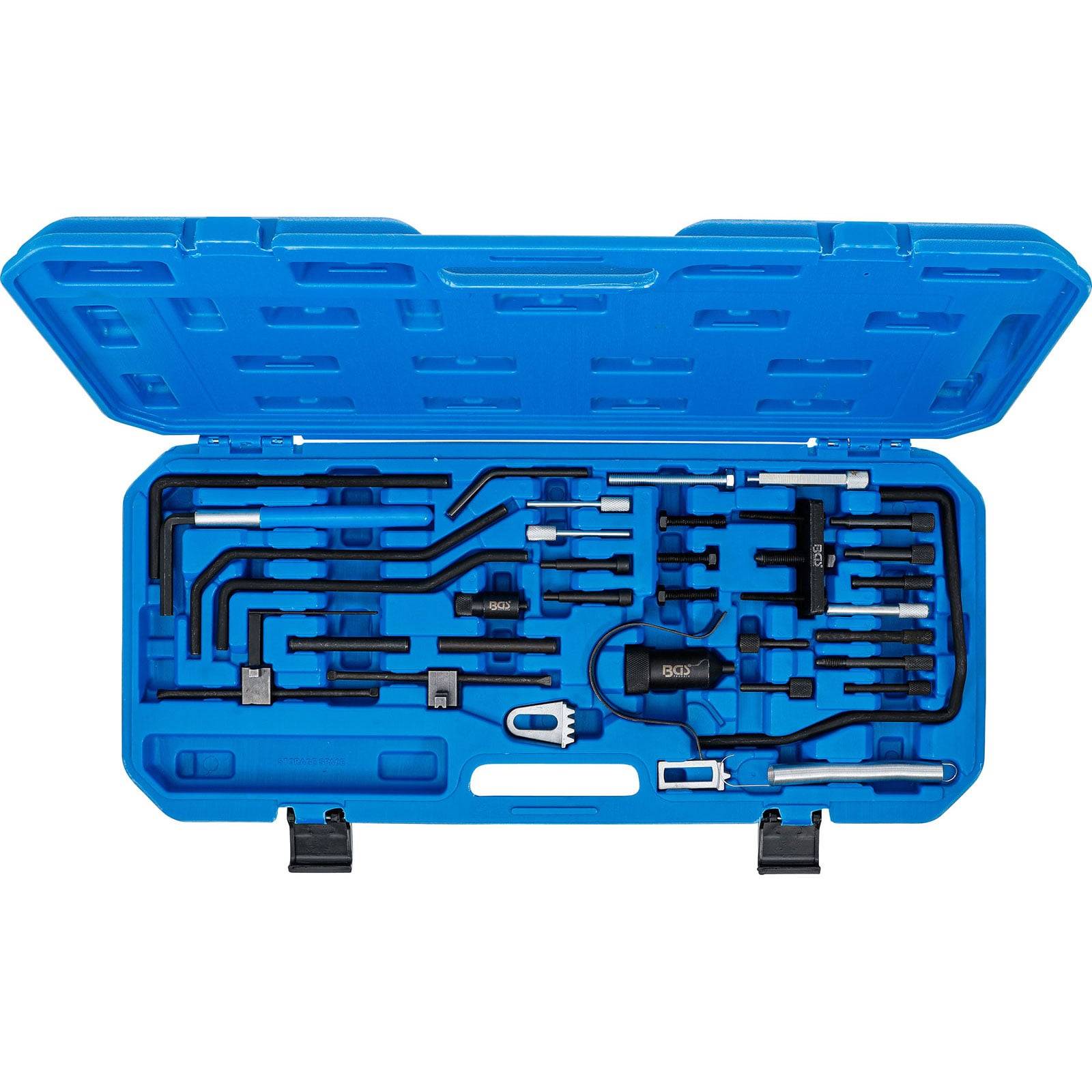 Ein blauer Werkzeugkoffer, geöffnet, zeigt verschiedene Autoreparaturwerkzeuge, darunter Schraubenschlüssel und Adapter, die in geformten Aussparungen organisiert sind.