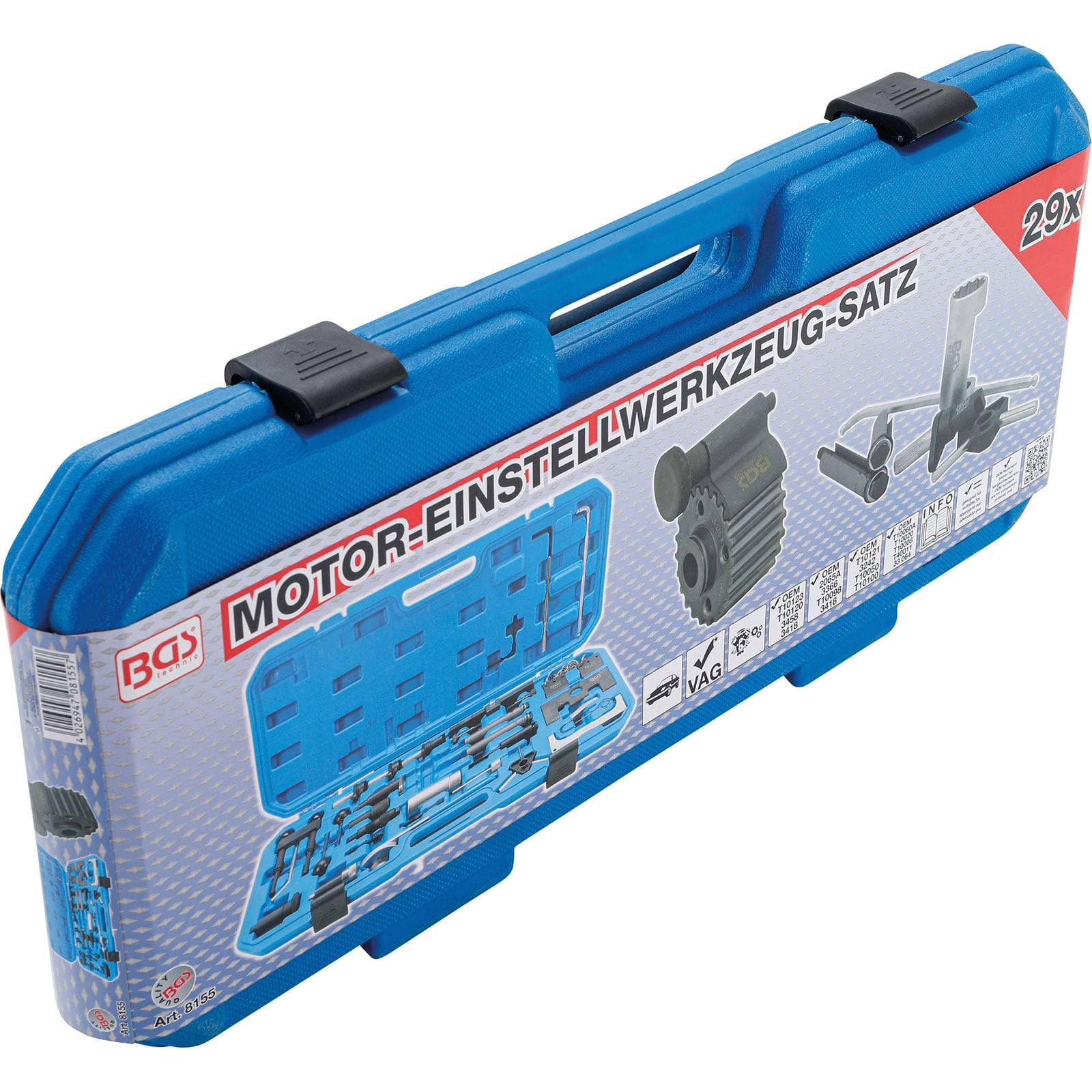 Eine blaue Werkzeugkiste mit der Aufschrift 'MOTOR-EINSTELLWERKZEUG-SATZ', die einen Satz von Autozubehör zur Motoreinstellung enthält, besteht aus 29 Einzelteilen.