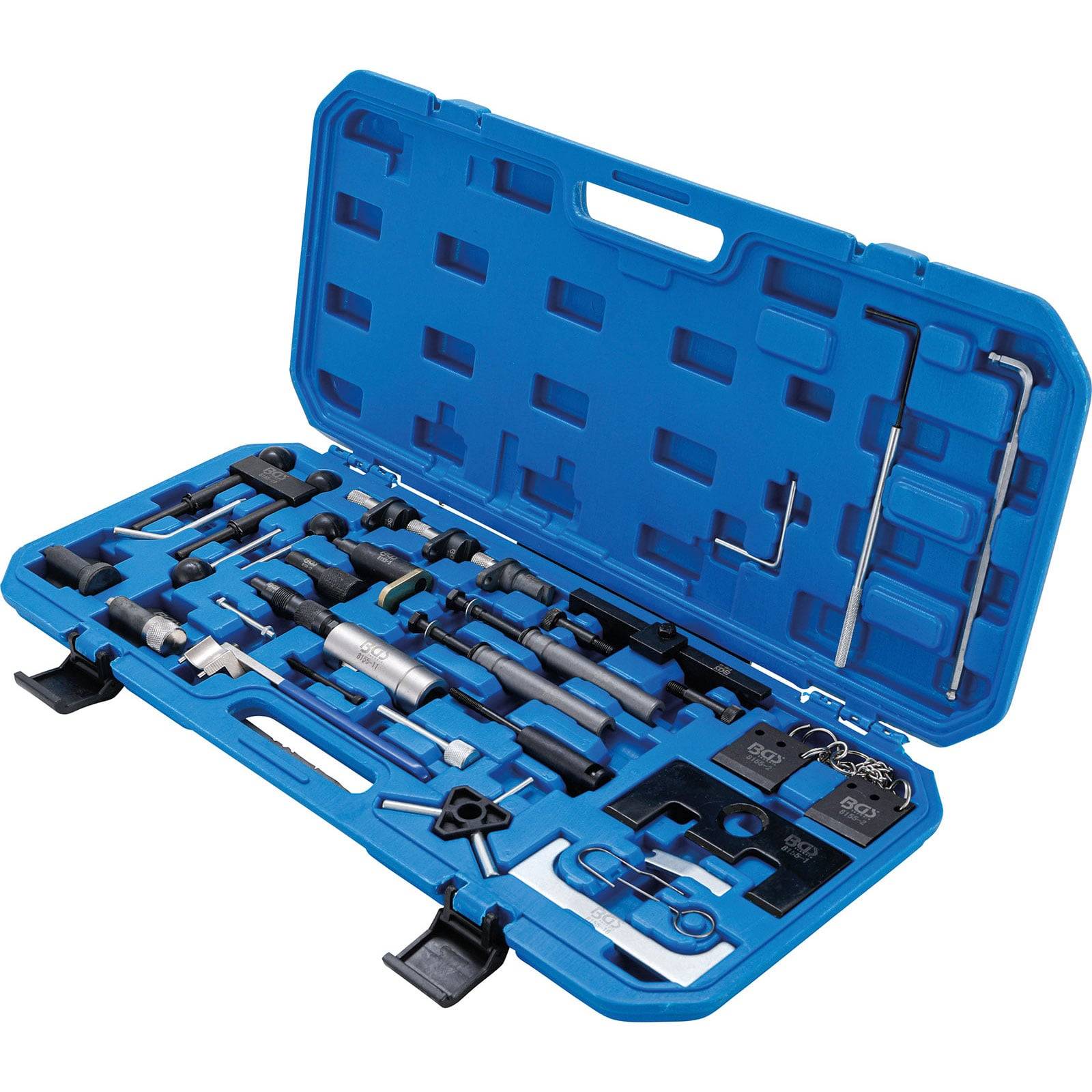 Ein blauer Kunststoffwerkzeugkasten ist geöffnet und zeigt eine Vielzahl von Automobilzeitsteuerungswerkzeugen, darunter Schraubenschlüssel, Steckschlüssel und Verbinder.