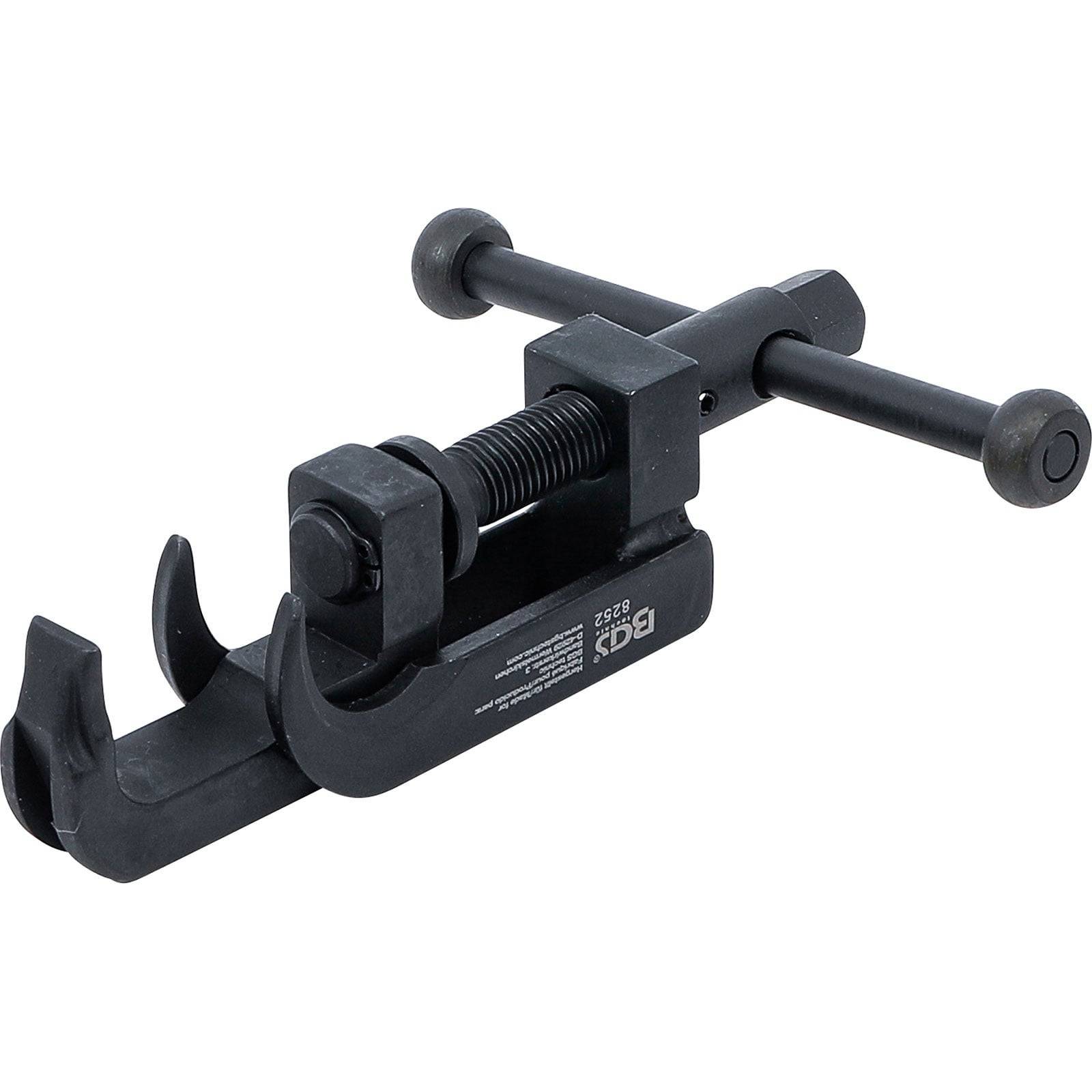 Ein schwarzer Kugelgelenk-Trennwerkzeug mit verstellbarem Schraubenmechanismus und zweizinkiger Gabel, verwendet zum Entfernen von Kugelgelenken bei der Autoreparatur.