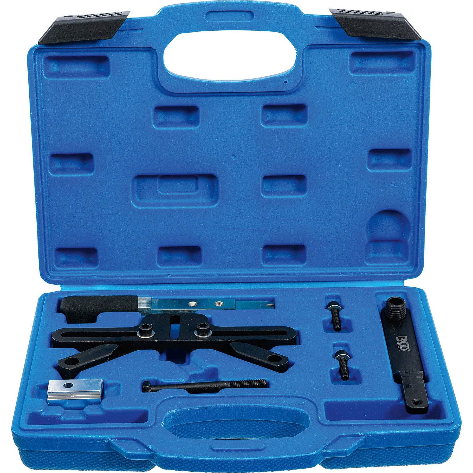 Eine blaue Plastikbox, die eine Nockenwellen-Schwungradhalterung mit Werkzeugset enthält, mit verschiedenen Metallkomponenten und Fächern zur Aufbewahrung.