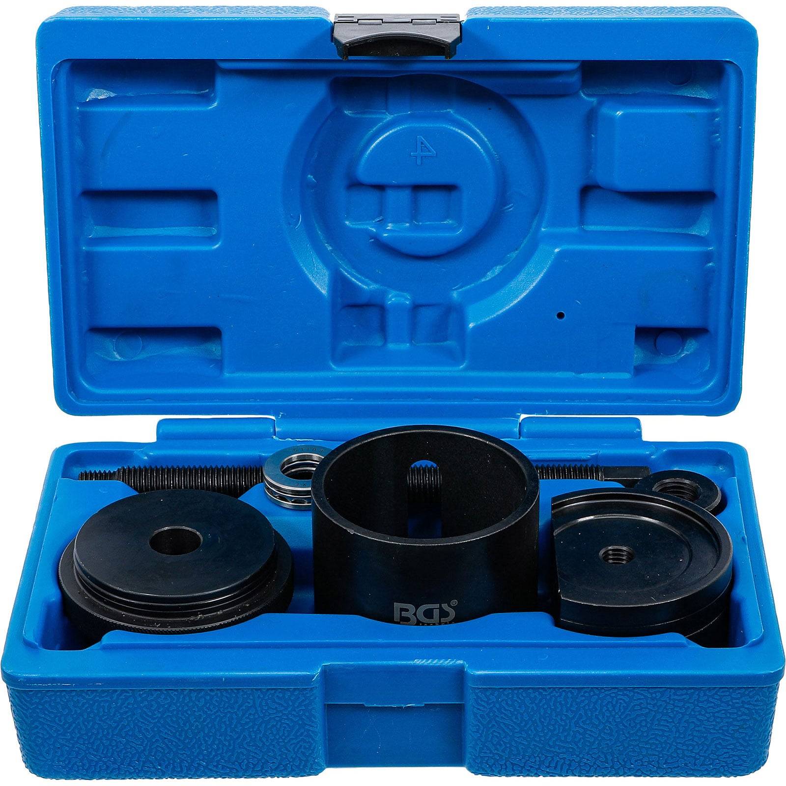 Blauer Plastikkoffer mit Fahrzeugservice-Werkzeugset, das verschiedene Metallteile und Adapter für mechanische Arbeiten umfasst.