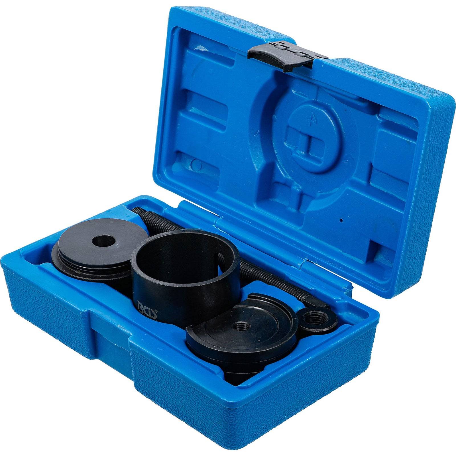 Ein blaues Kunststoffgehäuse mit verschiedenen schwarzen Metallkugelgelenk-Adaptern und Werkzeugen, die ordentlich im Inneren angeordnet sind.