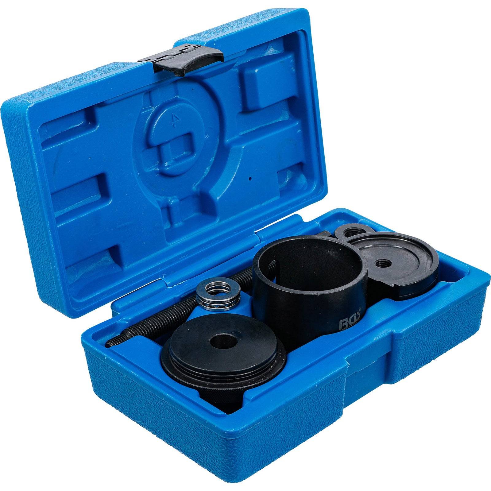 Eine blaue Plastikbox, die einen Schraubenfederspanner mit verschiedenen schwarzen Metallkomponenten enthält, darunter Platten und eine Gewindestange.