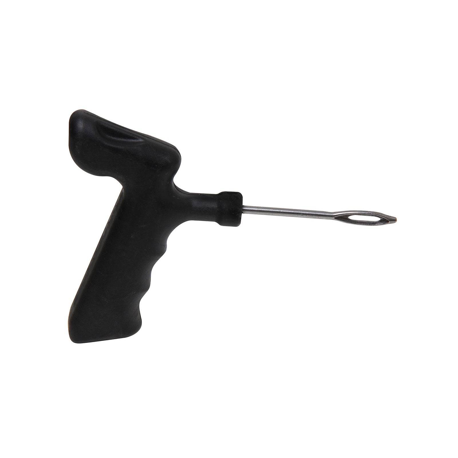 Ein schwarzes T-Griff-Werkzeug mit einer nadelartigen Spitze zum Einführen von Reparaturschnüren in durchstochene Reifen.