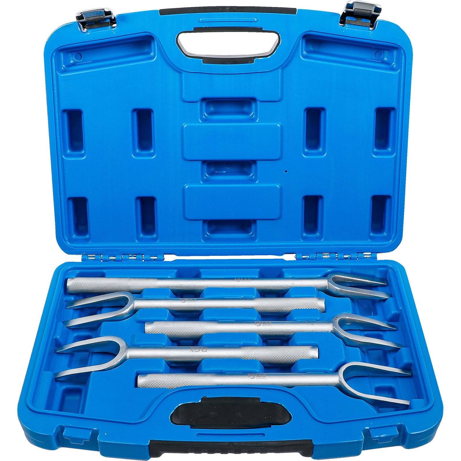 Eine blaue Plastikbox mit Griff enthält fünf silberfarbene, gabelförmige Automotorenwerkzeuge, die in einzelnen Fächern befestigt sind.