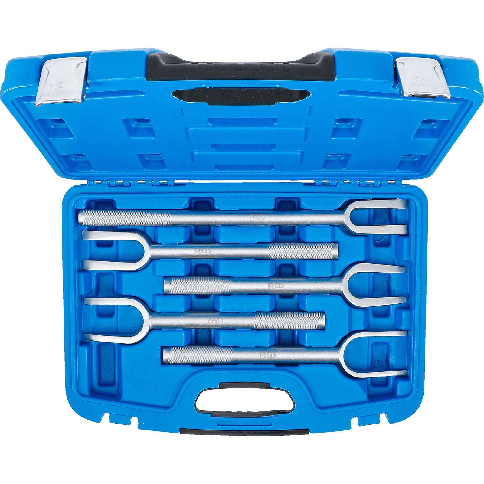 Eine blaue Plastikbox wurde geöffnet und zeigte fünf Metallgabeln mit isolierten Griffen, die üblicherweise bei mechanischen oder automobilen Arbeiten verwendet werden.