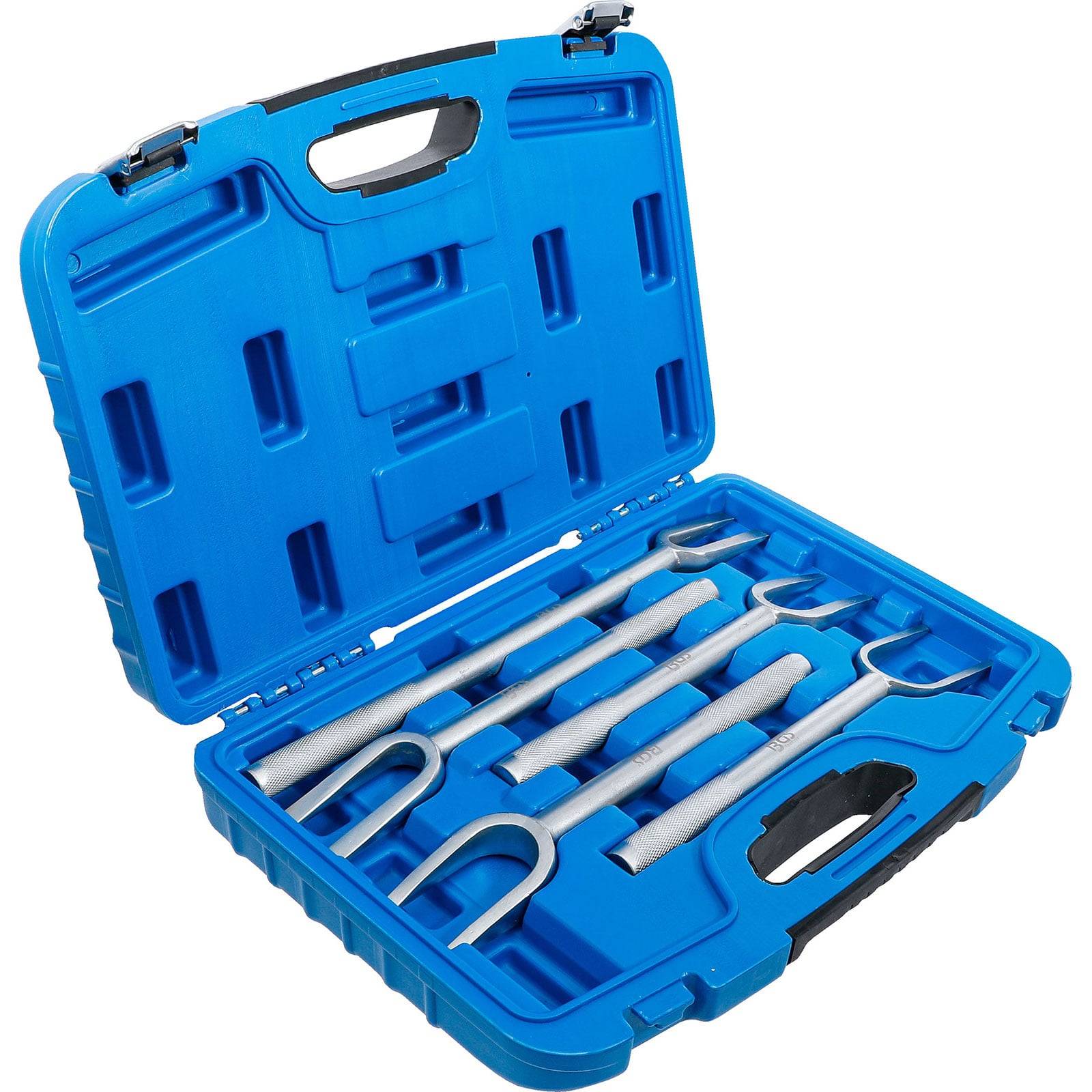 Eine blaue Plastiktragetasche ist geöffnet und zeigt fünf silberne Metallwerkzeuge mit U-förmigen Enden, die sicher in vorgesehene Schlitze eingepasst sind.