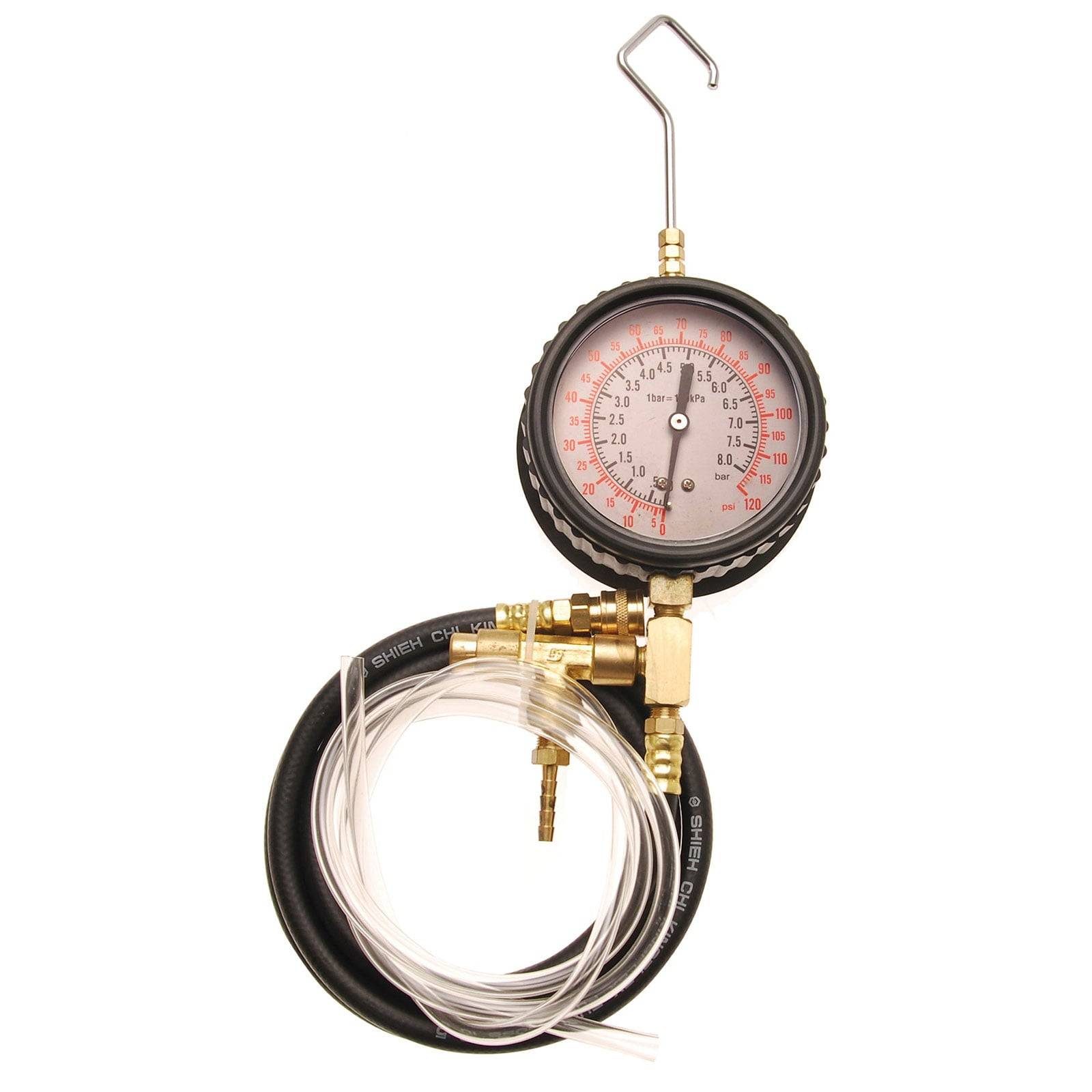 Ein Druckmanometer mit schwarzem Gummigehäuse, das Messwerte von 0 bis 30 PSI anzeigt. Angebracht sind ein Haken, ein Schlauch und metallische Armaturen.