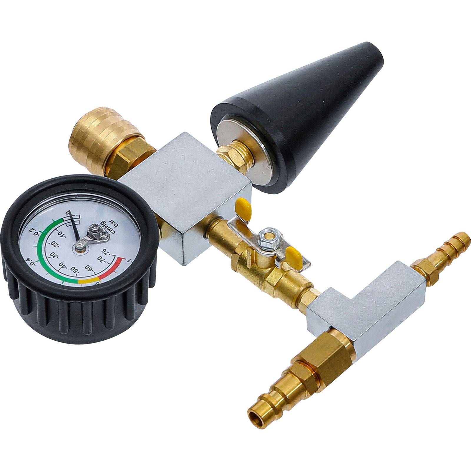 Druckregler mit einem Manometer, das Bar- und PSI-Anzeigen zeigt, angeschlossen an ein kegelförmiges Ventil und Messingfittings, verwendet zur Steuerung des Gasflusses.