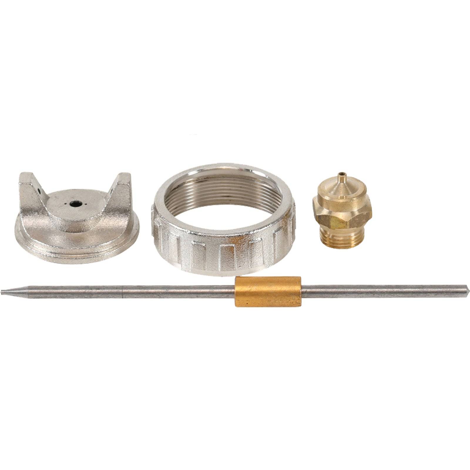 Ein Satz aus vier Metallkomponenten, bestehend aus einem Düsenstück, einer Nadel, einer Mutter und einer Düse, der für präzise Maschinen- oder Ausrüstungsmontage verwendet wird.