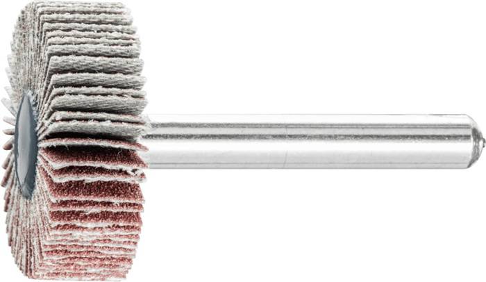 Ein zylindrisches Schleifwerkzeug mit gestapelten Schleifscheiben an einem Ende und einer Metallachse am anderen Ende, das zum Polieren oder Glätten von Oberflächen verwendet wird.