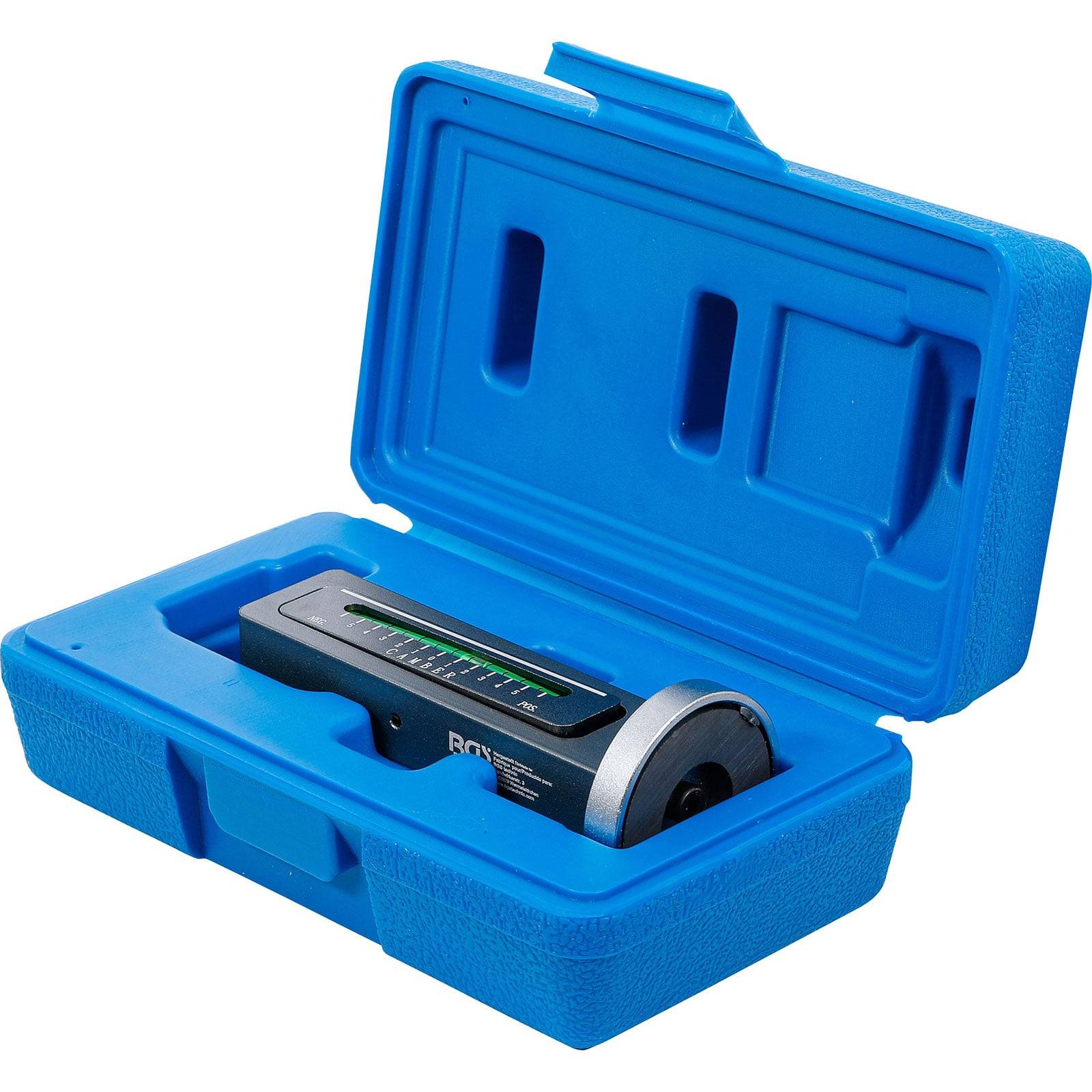 Eine blaue rechteckige Schachtel, geöffnet, um ein schwarzes elektronisches Gerät mit Display zu enthüllen, möglicherweise ein Präzisionsinstrument, das darin eingepasst ist.