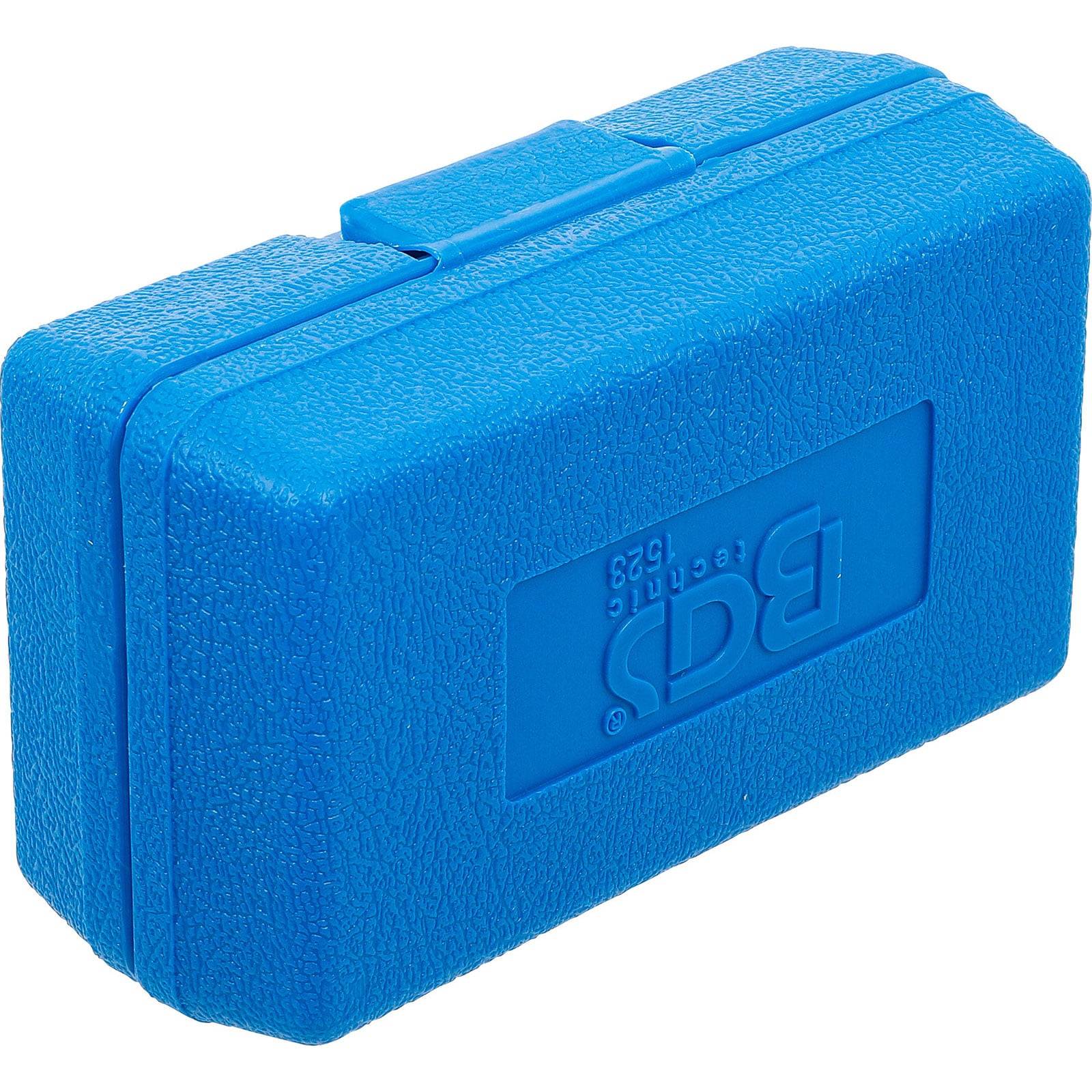 Eine blaue strukturierte Kunststoff-Aufbewahrungsbox mit Scharnier und geprägtem Logo an der Seite.