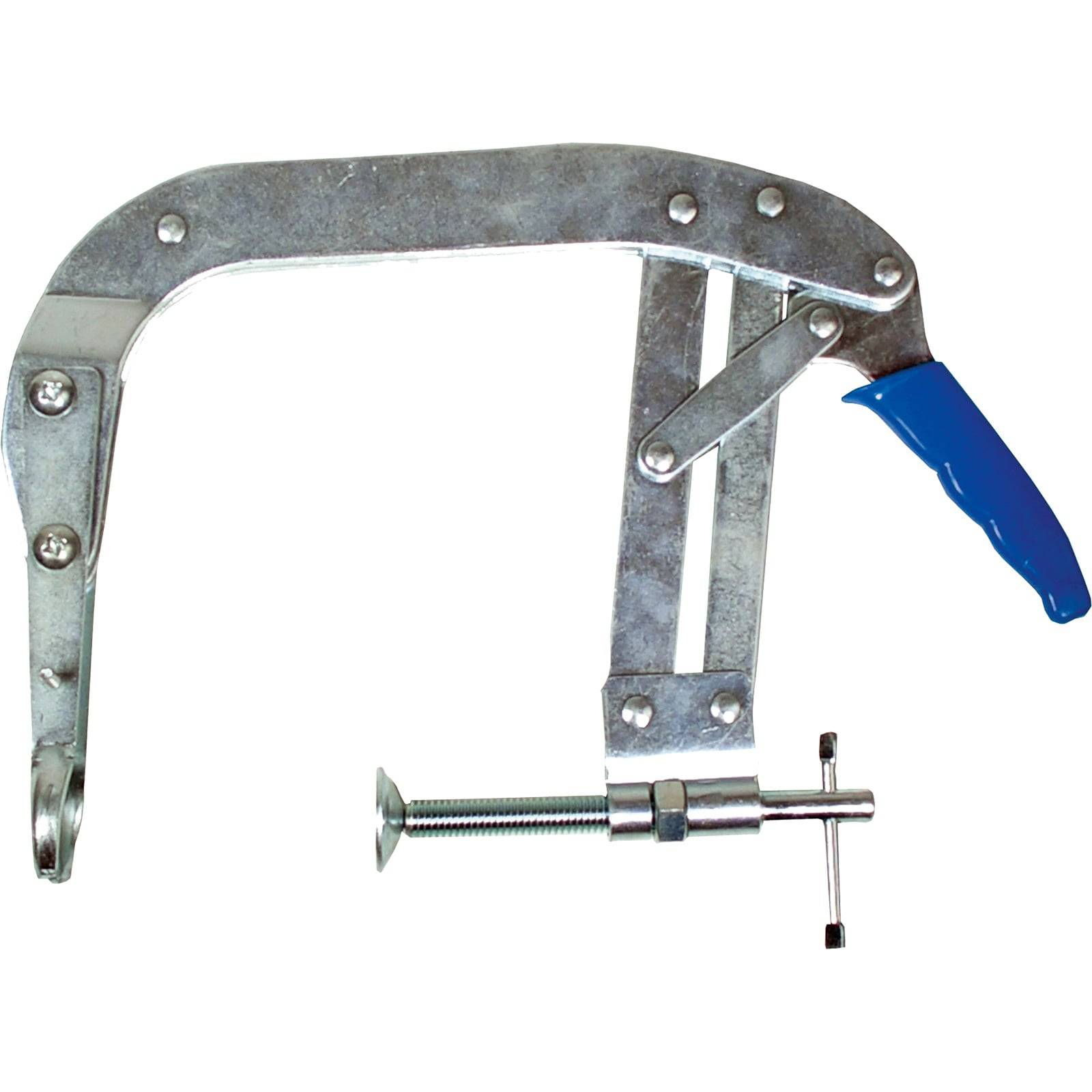 Eine C-Klemme mit einem blauen Griff und einem verstellbaren Schraubenmechanismus, die zum sicheren Festhalten von Gegenständen während Arbeits- oder Montagevorgängen verwendet wird.