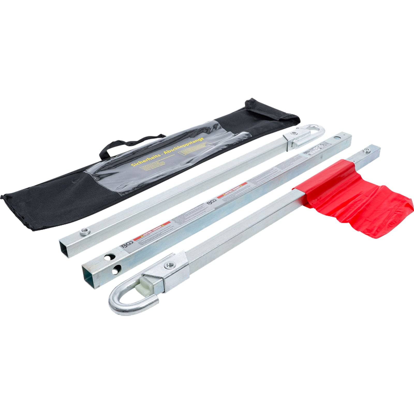 Verlängerter Lkw-Ladeflächen-Querbalken mit roter Sicherheitsfahne und Transporttasche.