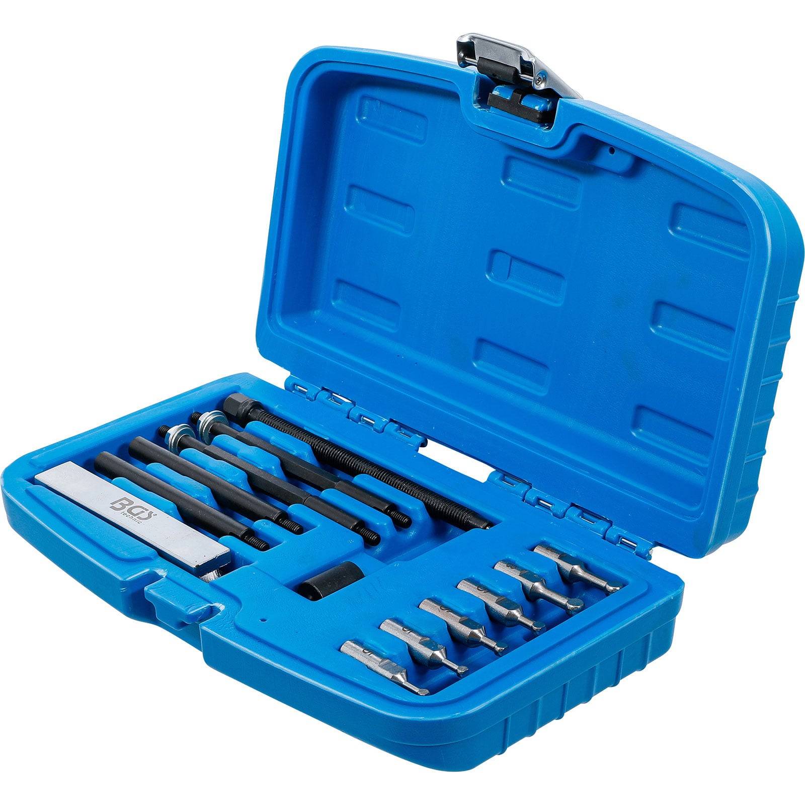 Ein blaues Plastikgehäuse, das einen Satz Präzisionsschraubendreher mit verschiedenen auswechselbaren Bits enthält, die in Schlitzen angeordnet sind.