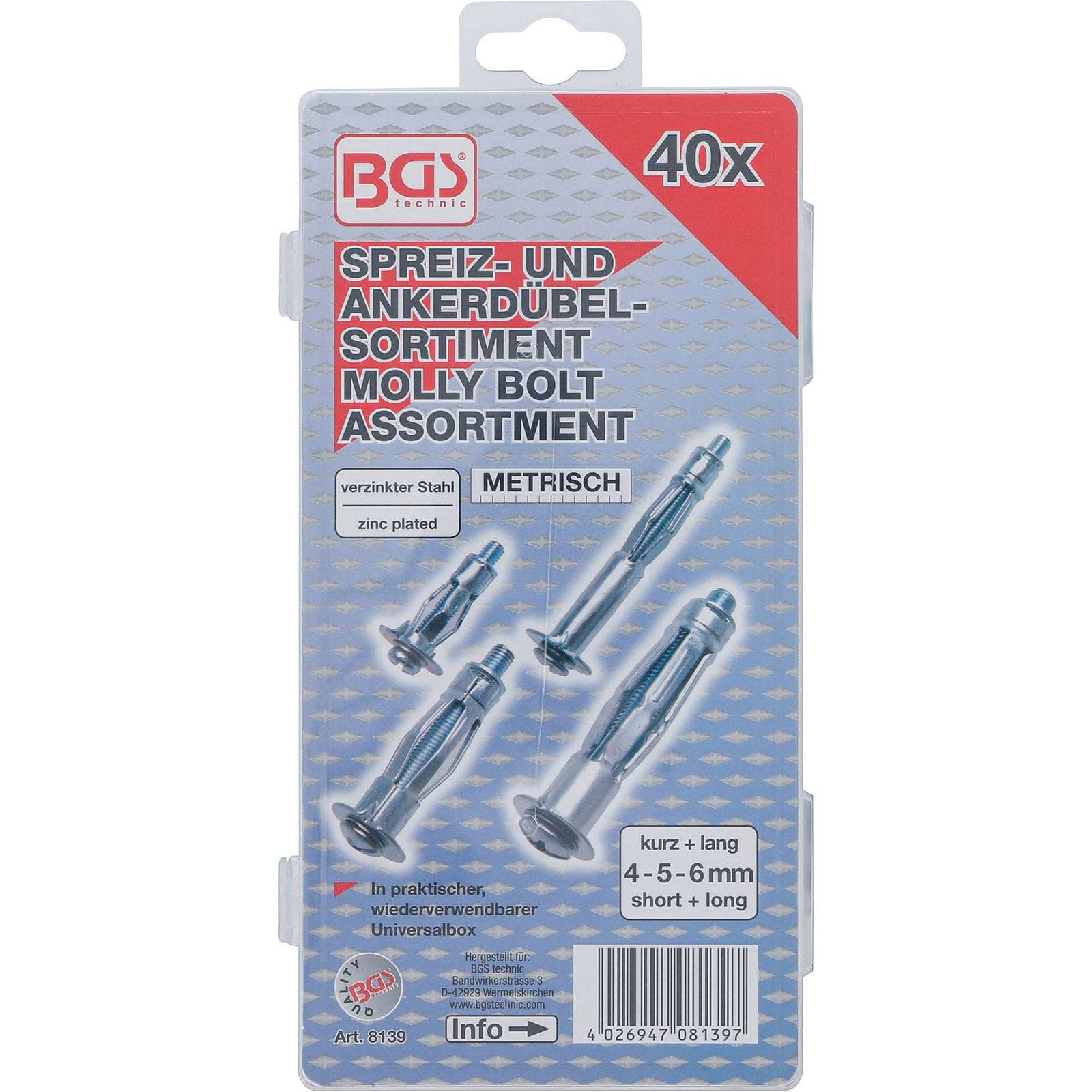Packung mit 40 verzinkten Molly-Schrauben in verschiedenen Größen (4-5 und 6 mm), mit kurzen und langen Typen, gekennzeichnet in deutscher und metrischer Einheit.