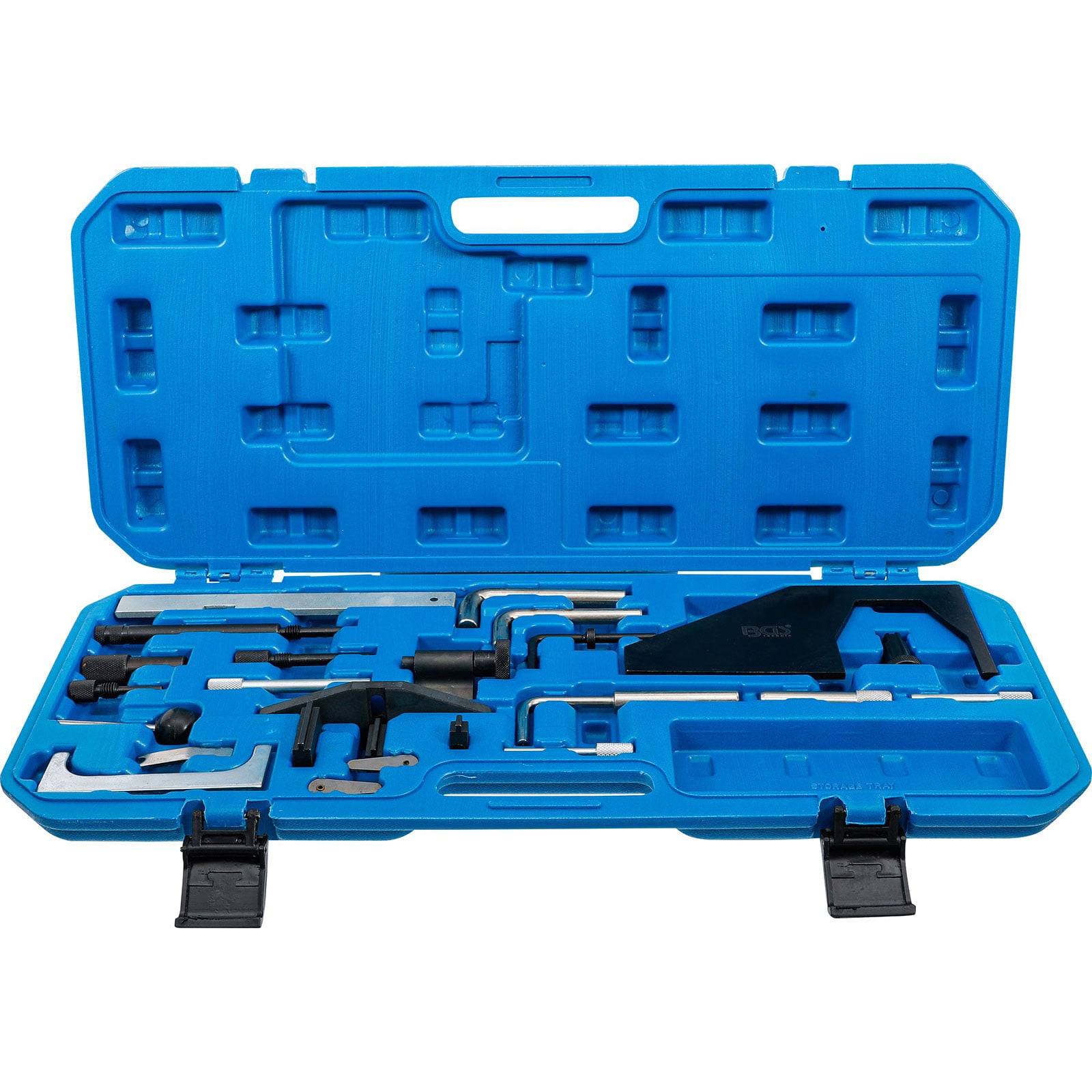 Ein blauer Kunststoffkasten mit Schlitzen für verschiedene Kraftfahrzeugwerkzeuge, einschließlich Schraubenschlüssel und Klammern, konzipiert für Zahnriemeneinstellungen.