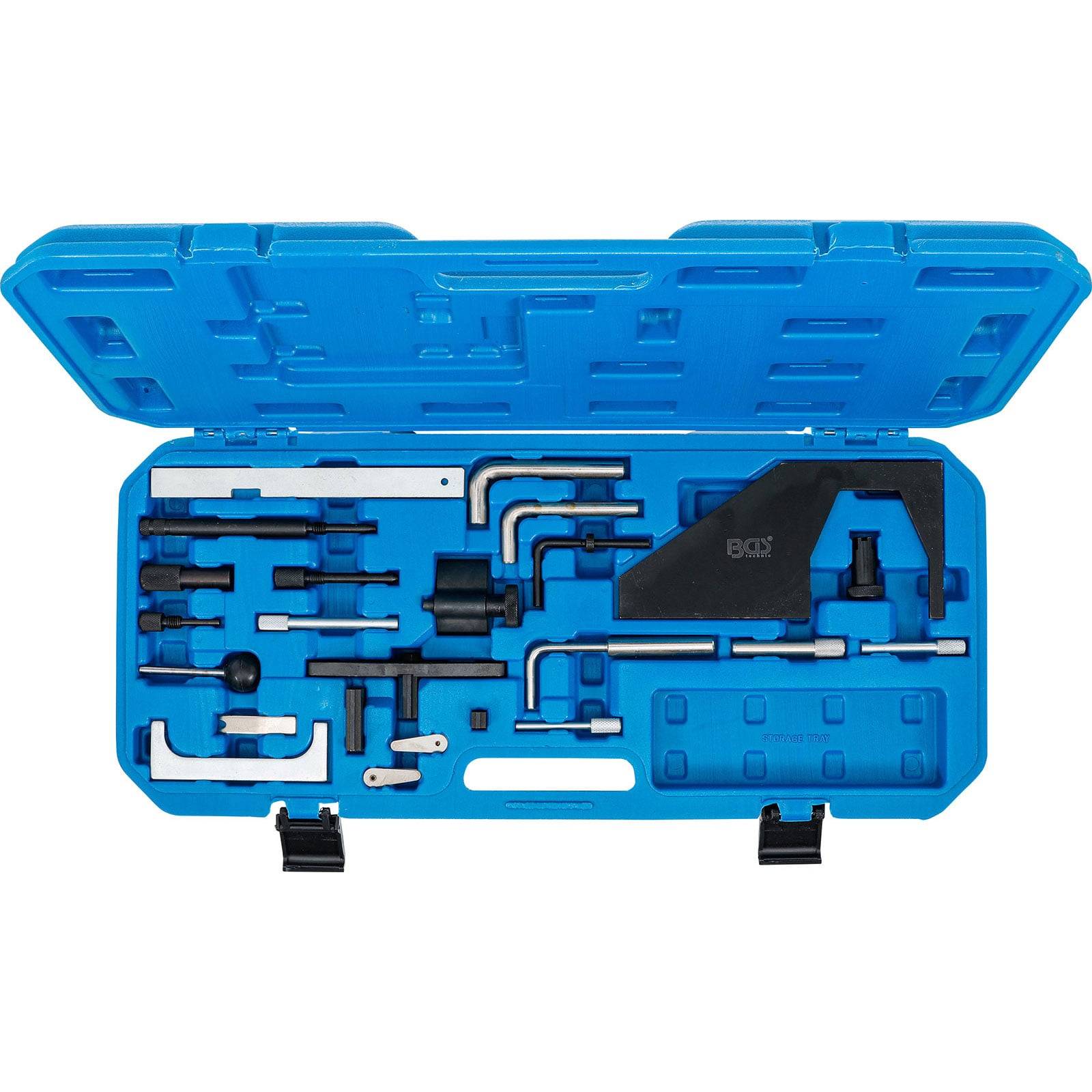 Eine blaue Plastikbox, die einen Satz von Fahrzeug-Einstellwerkzeugen enthält, einschließlich verschiedener Schraubschlüssel, Stifte und Halterungen, die in Fächern geordnet sind.