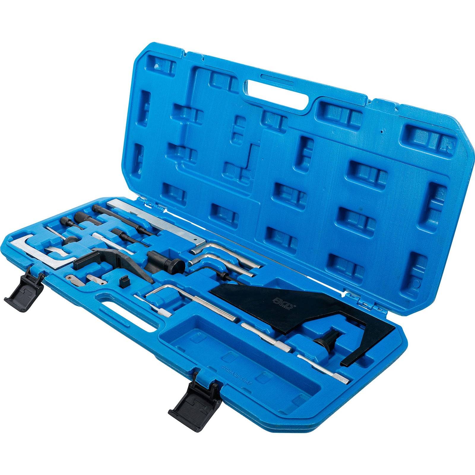 Blauer Kunststoffwerkzeugkasten, geöffnet, präsentiert verschiedene Metallwerkzeuge, die in dafür vorgesehenen Fächern organisiert sind und für spezifische mechanische Aufgaben konzipiert wurden.