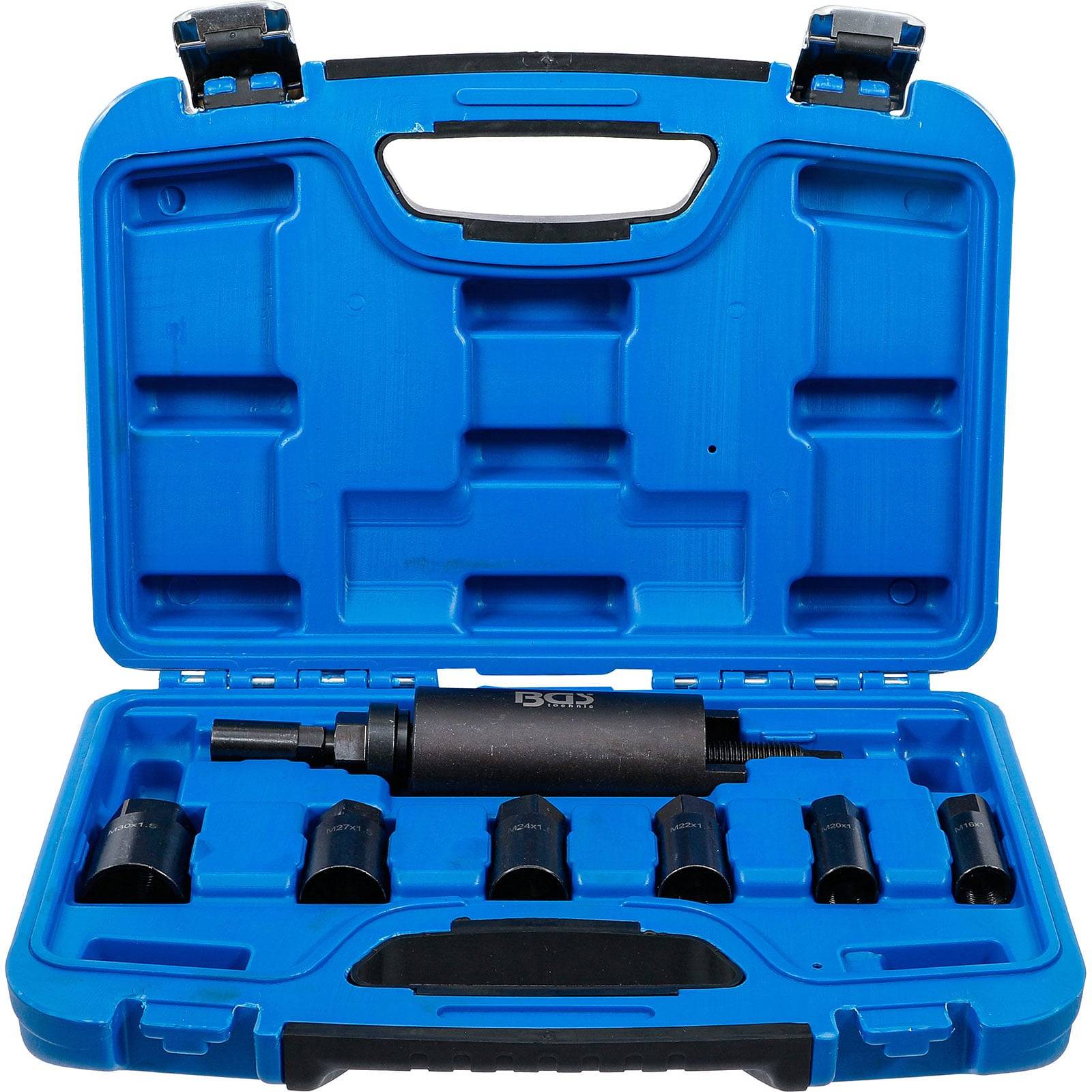Blauer Kunststoff-Transportkoffer, der ein schwarzes Zylinderwerkzeug und fünf auswechselbare Anlagen enthält, konzipiert für den Einsatz oder die Reparatur im Automobilbereich.