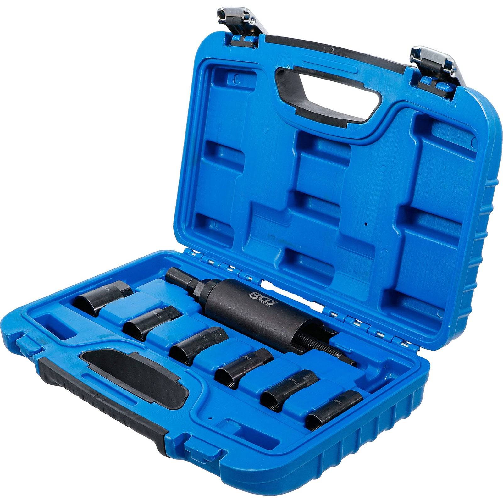 Eine blaue Plastikbox, geöffnet, um ein Druckluft-Schlagschrauber-Werkzeugset mit verschiedenen Steckschlüsseln zu zeigen, geeignet für die Automobilwartung.