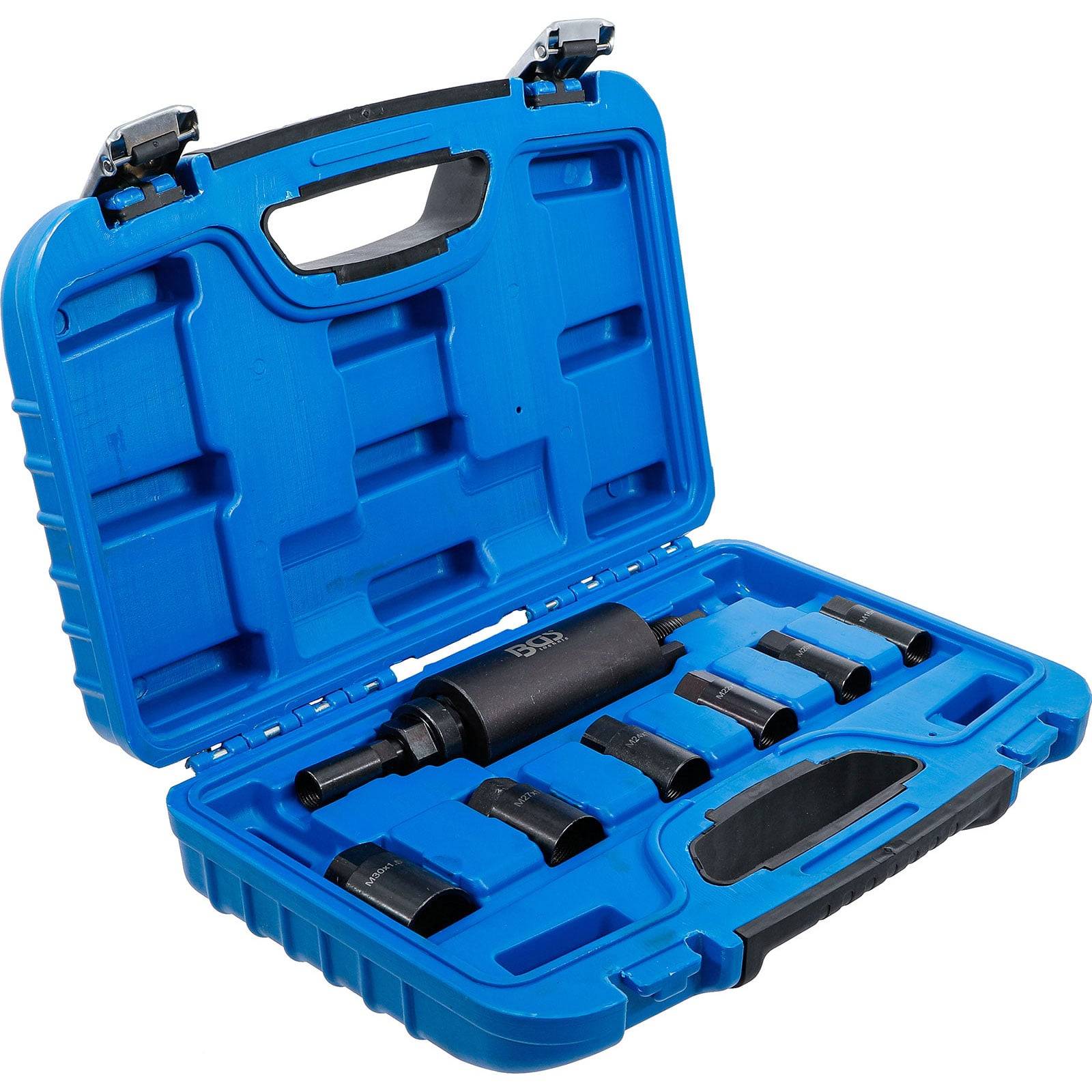 Blauer Hartschalenkoffer mit einem schwarzen pneumatischen Werkzeug mit mehreren austauschbaren Stecknüssen, speziell für die Automobilanwendung entwickelt.