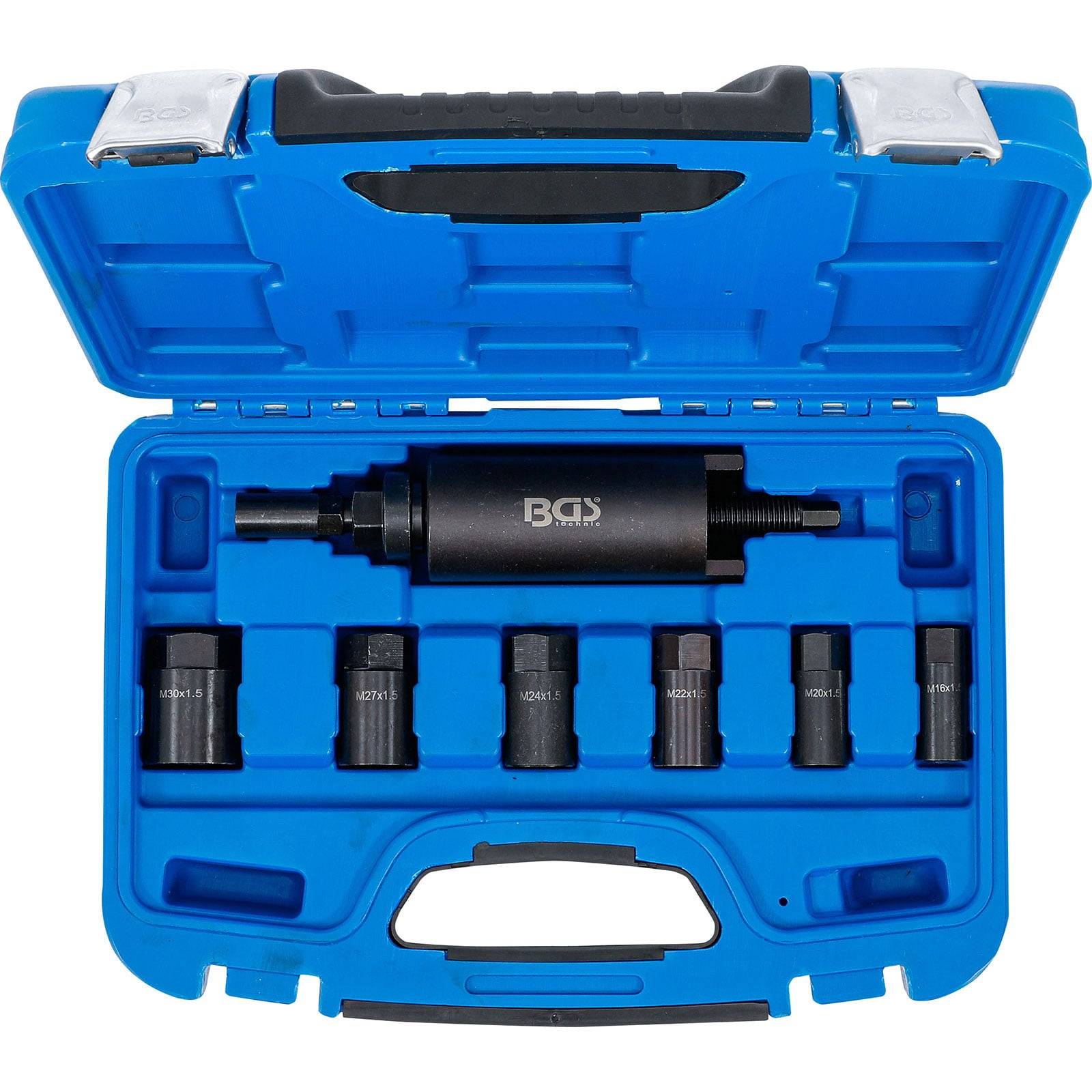 Werkzeugset der Marke 'BGS' mit Auszieher in einem blauen Transportkoffer, bestehend aus fünf Socketaufsätzen und einem zentralen Ausziehergerät.